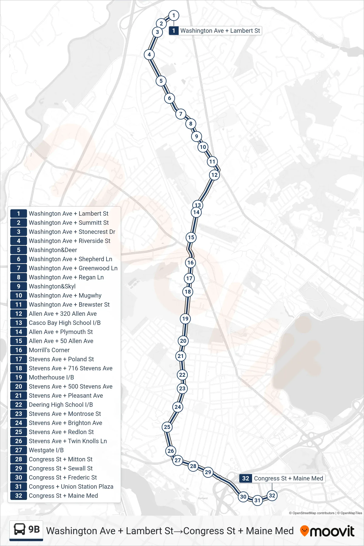 9B bus Line (Washington Ave + Lambert St→Congress St + Maine Med) route and stops on a map