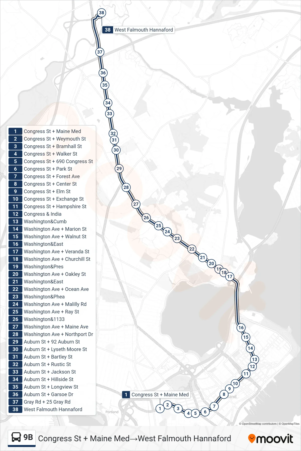 9B bus Line (Congress St + Maine Med→West Falmouth Hannaford) route and stops on a map