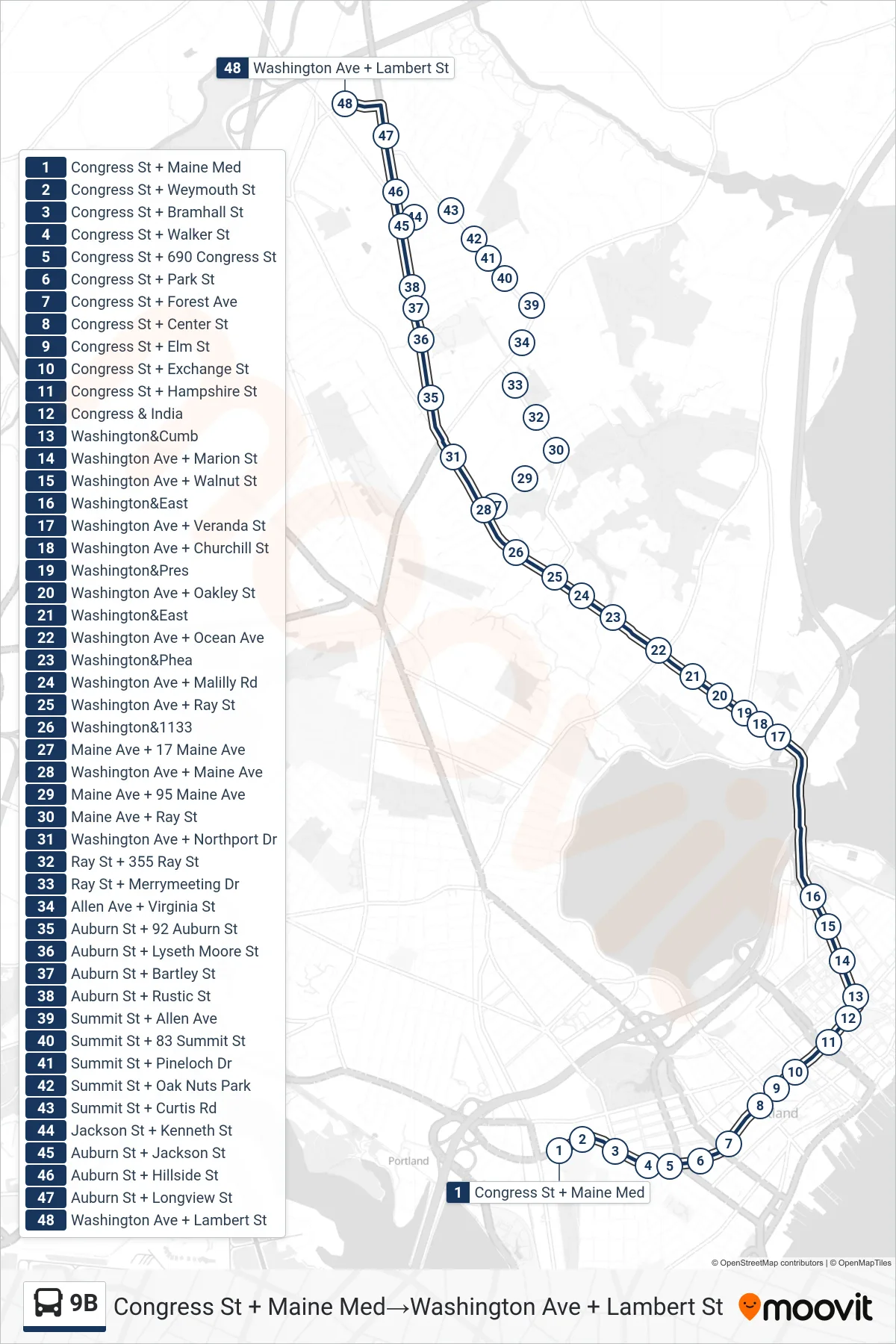 9B bus Line (Congress St + Maine Med→Washington Ave + Lambert St) route and stops on a map