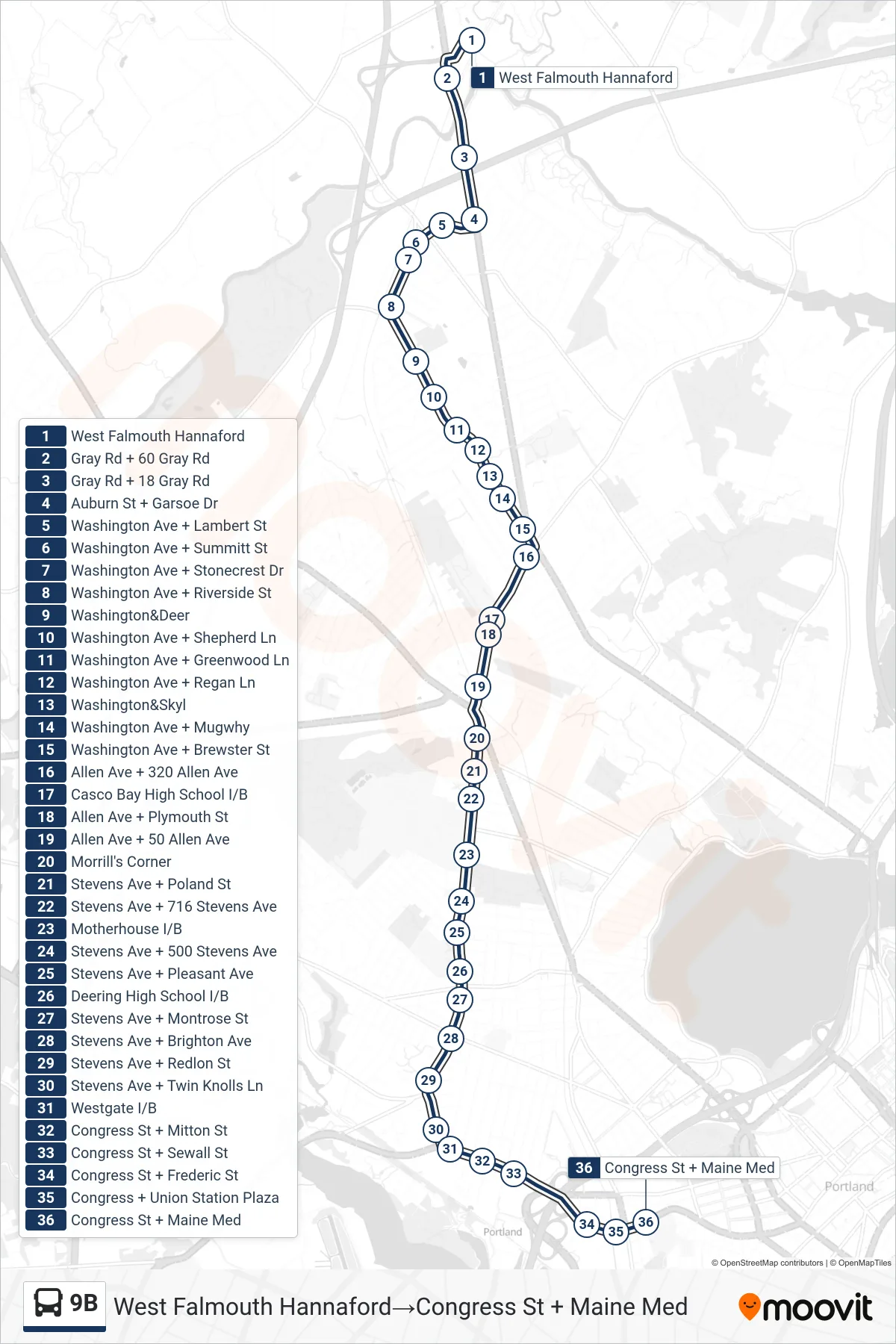 9B bus Line (West Falmouth Hannaford→Congress St + Maine Med) route and stops on a map