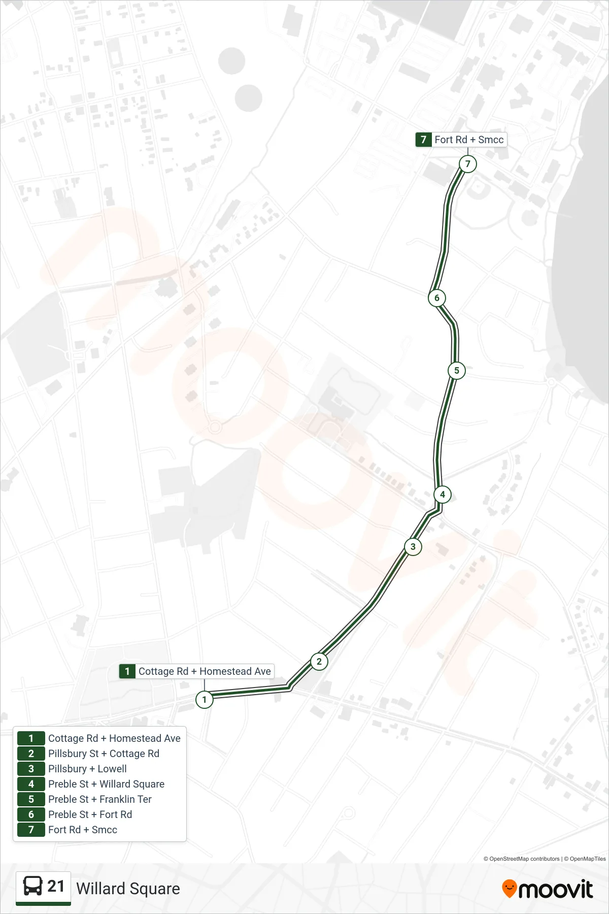 21 bus Line (Cottage Rd + Homestead Ave→Fort Rd + Smcc) route and stops on a map