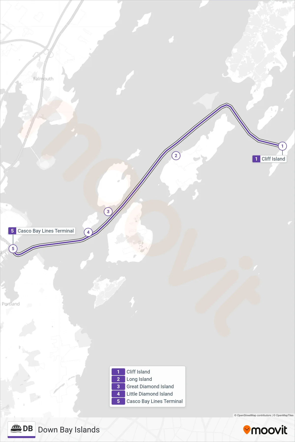 DB ferry Line (Cliff Island→Gates 2, 3, Or 4) route and stops on a map