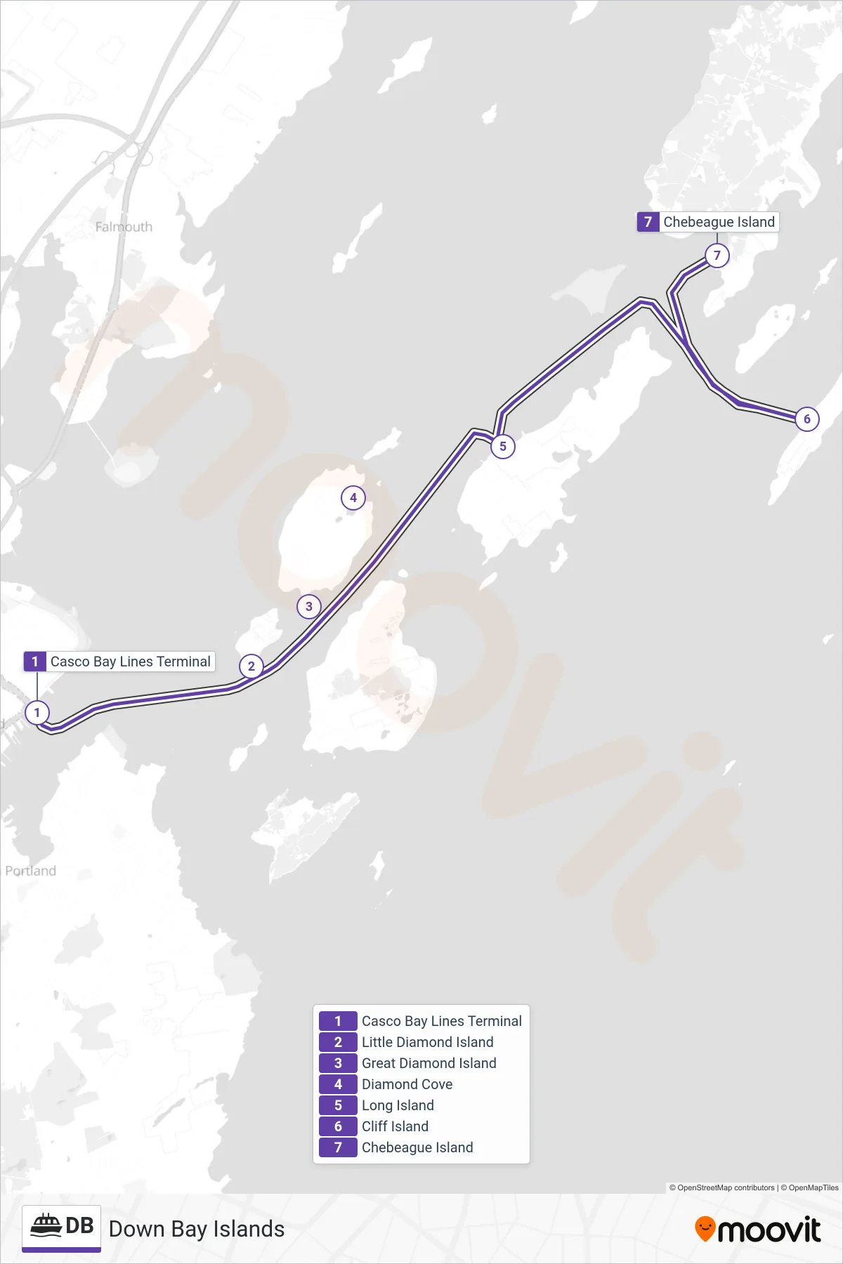 DB ferry Line (Gates 2, 3, Or 4‎→Chebeague Island) route and stops on a map