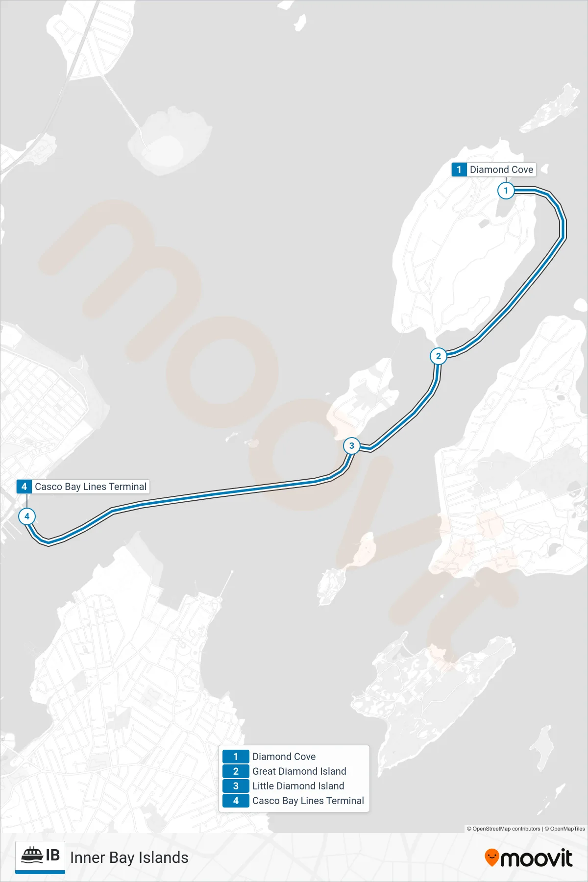 IB ferry Line (Diamond Cove‎→Gates 2, 3, Or 4) route and stops on a map