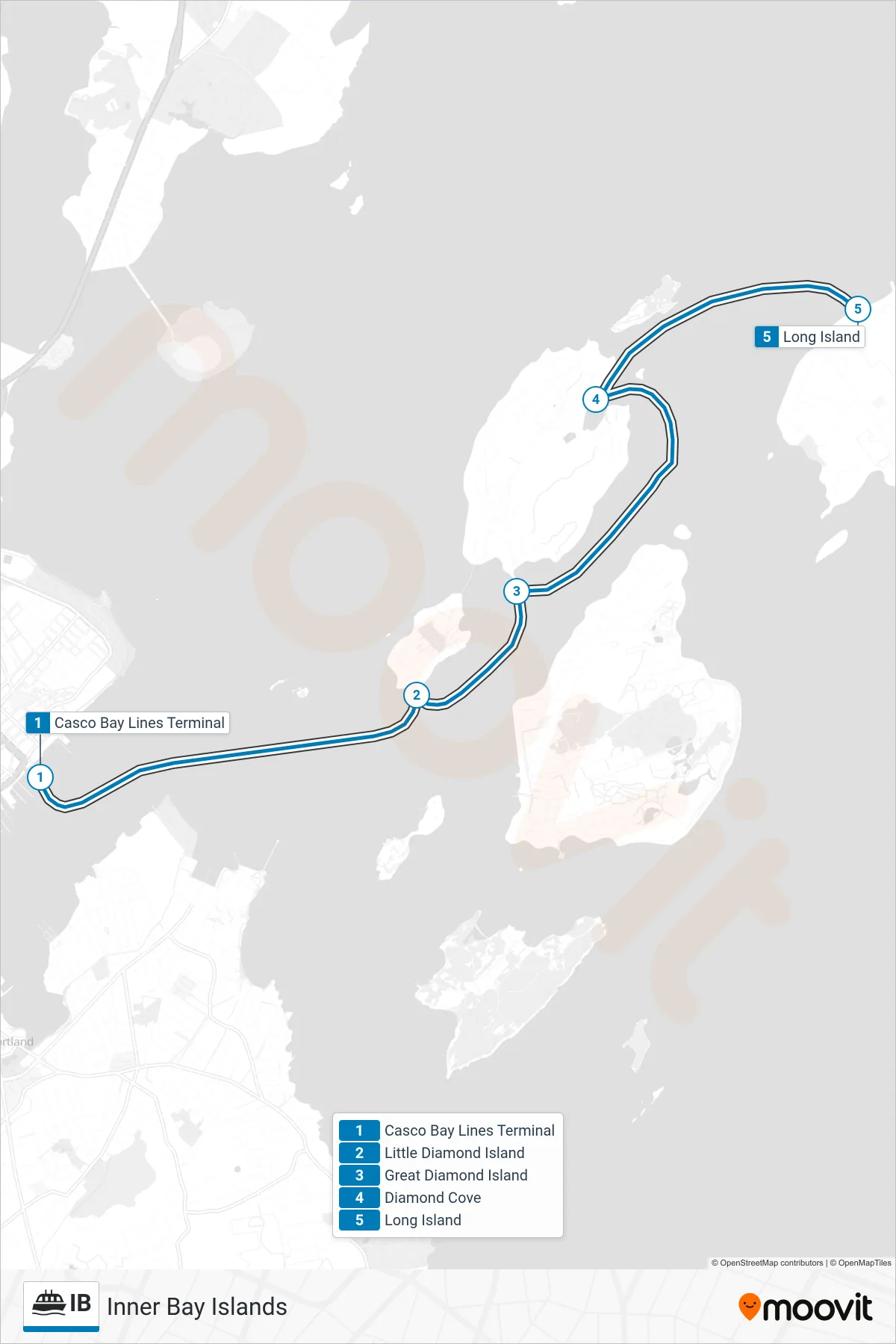 IB ferry Line (Gates 2, 3, Or 4→Long Island) route and stops on a map
