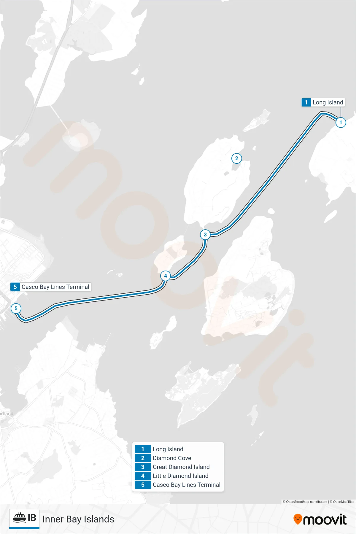 IB ferry Line (Long Island→Gates 2, 3, Or 4) route and stops on a map