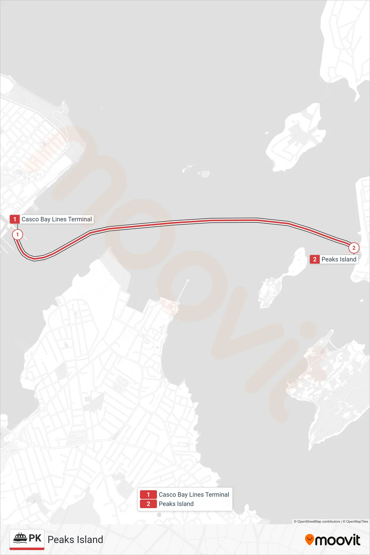 PK ferry Line (To Peaks Island) route and stops on a map