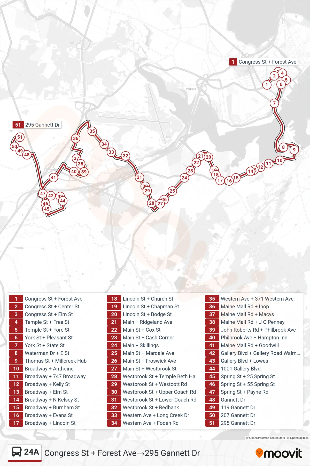 24A bus Line (Congress St + Forest Ave→295 Gannett Dr) route and stops on a map