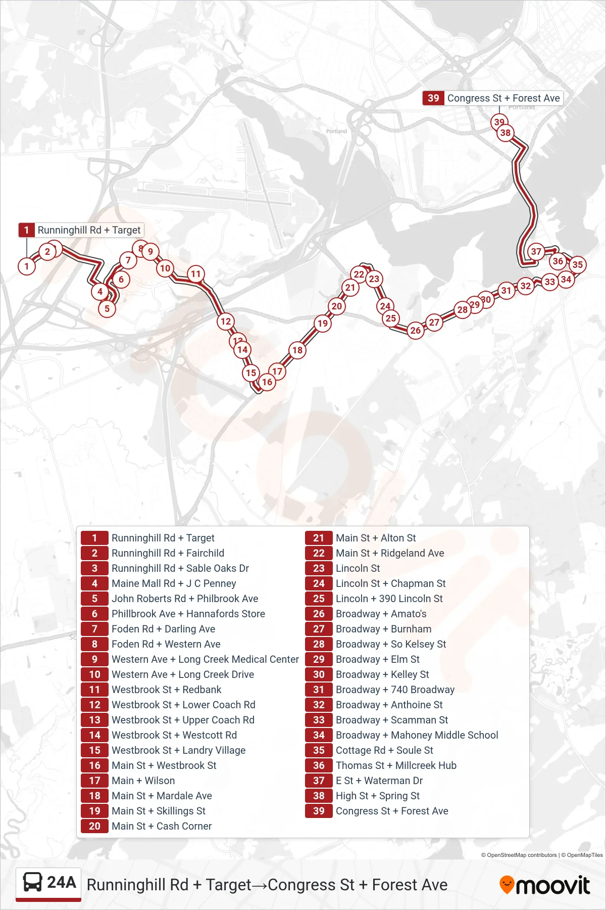 24A bus Line (Runninghill Rd + Target→Congress St + Forest Ave) route and stops on a map