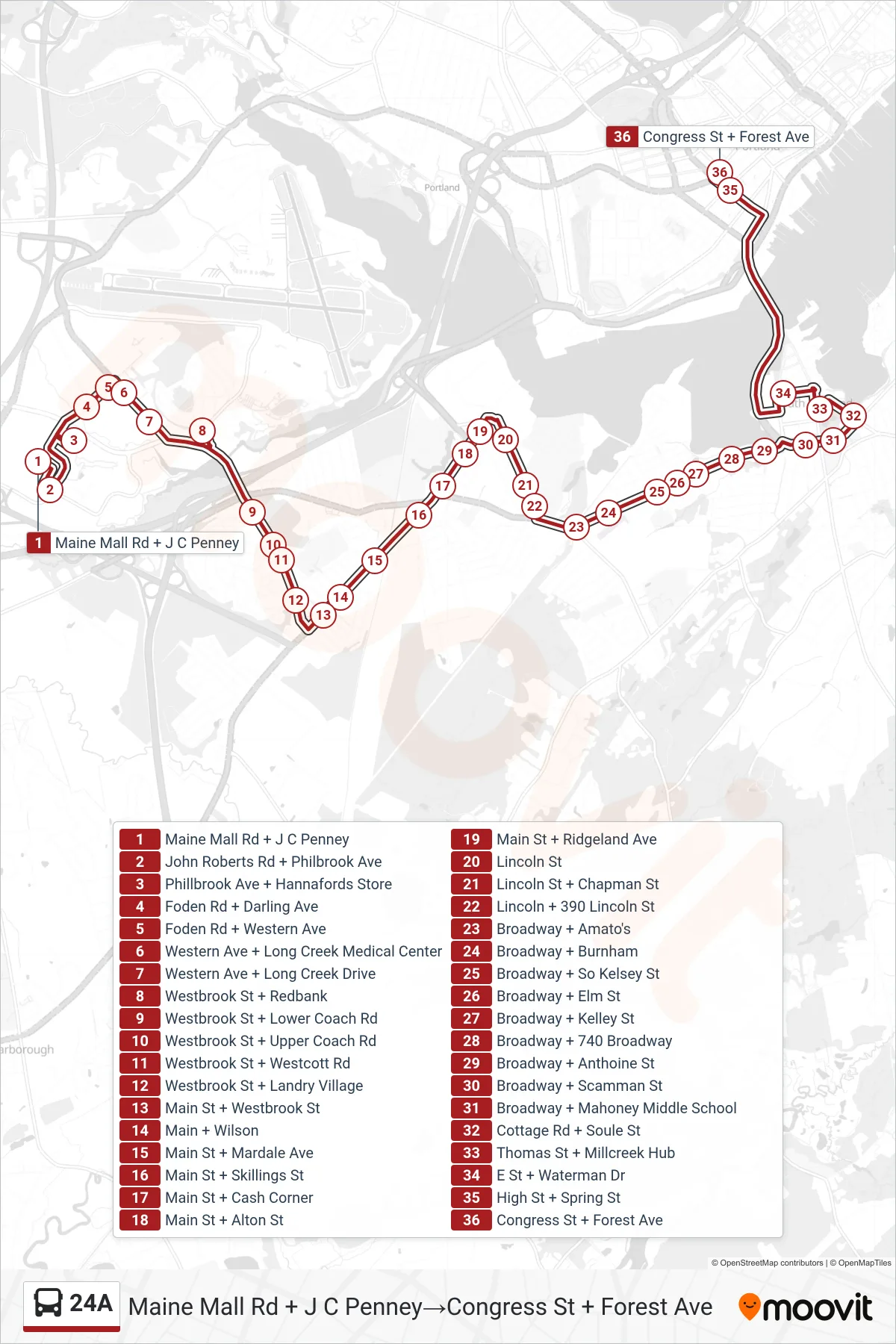 24A bus Line (Maine Mall Rd + J C Penney→Congress St + Forest Ave) route and stops on a map