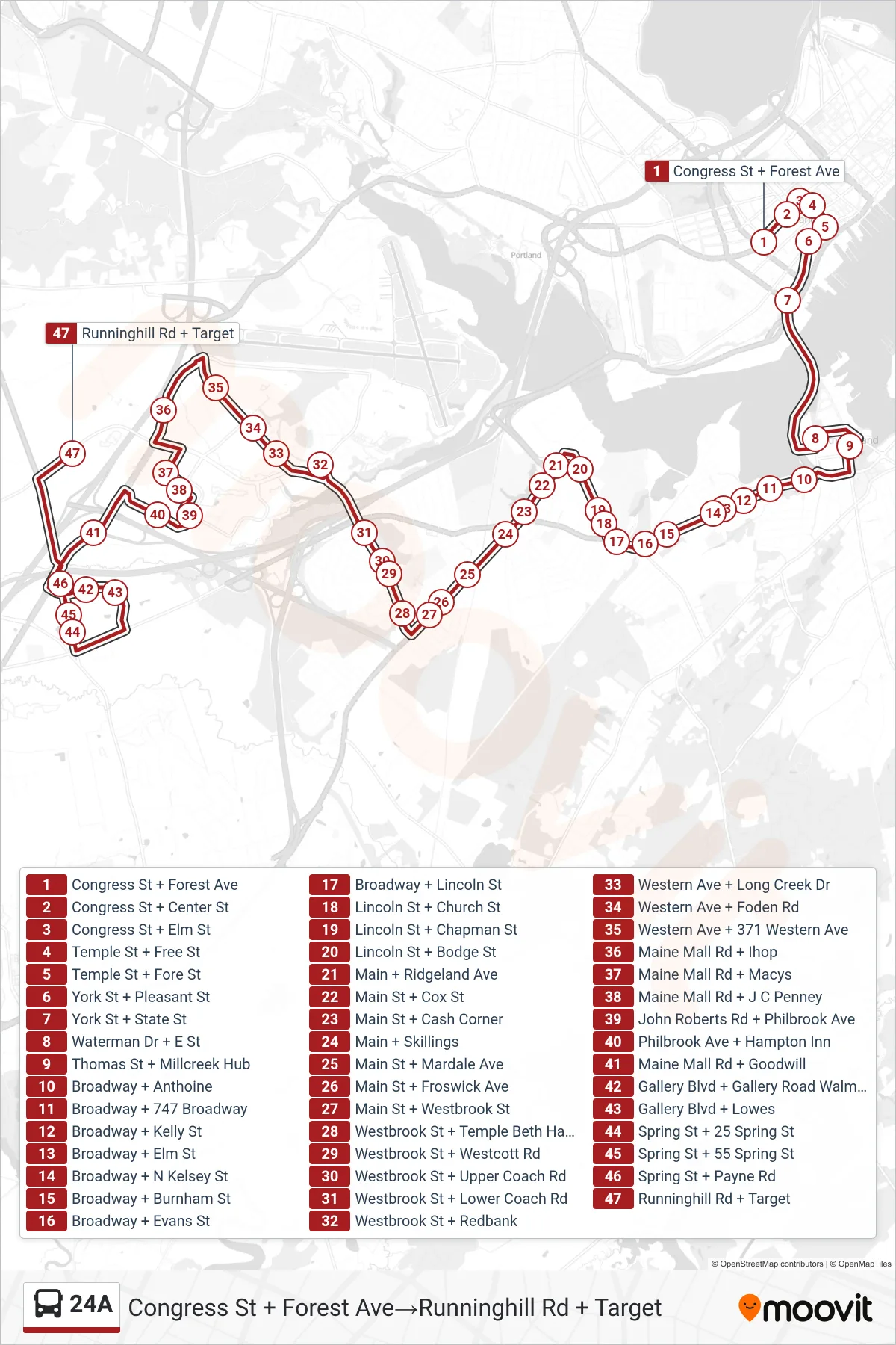 24A bus Line (Congress St + Forest Ave‎→Runninghill Rd + Target) route and stops on a map