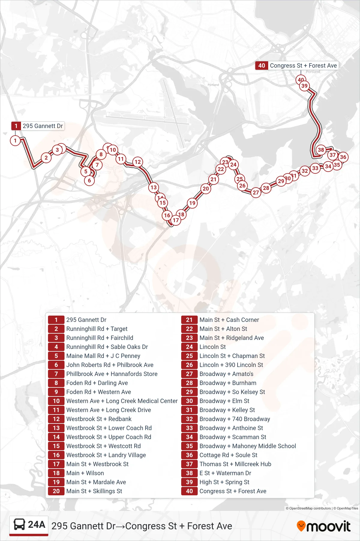 24A bus Line (295 Gannett Dr‎→Congress St + Forest Ave) route and stops on a map