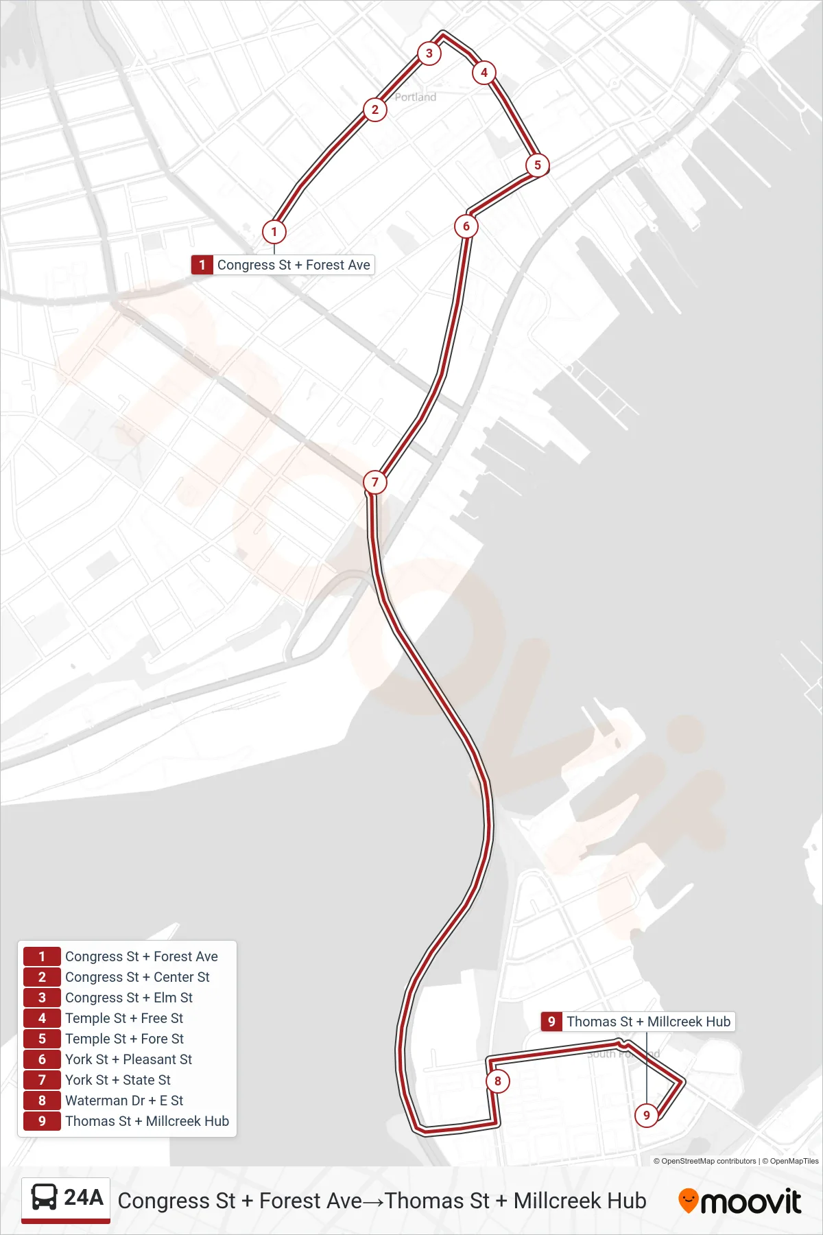 24A bus Line (Congress St + Forest Ave→Thomas St + Millcreek Hub) route and stops on a map