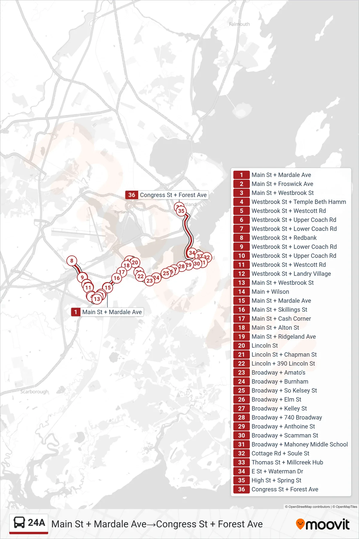 24A bus Line (Main St + Mardale Ave‎→Congress St + Forest Ave) route and stops on a map