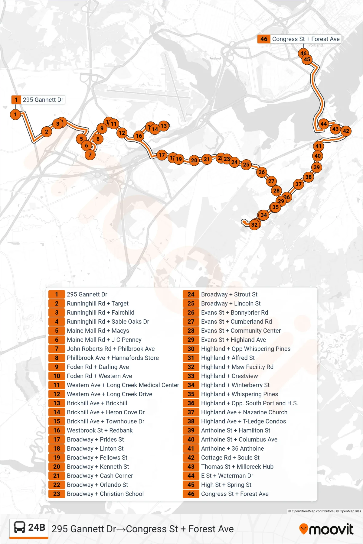 24B bus Line (295 Gannett Dr→Congress St + Forest Ave) route and stops on a map
