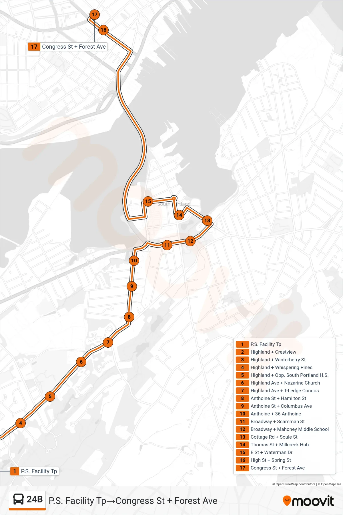 24B bus Line (P.S. Facility Tp‎→Congress St + Forest Ave) route and stops on a map