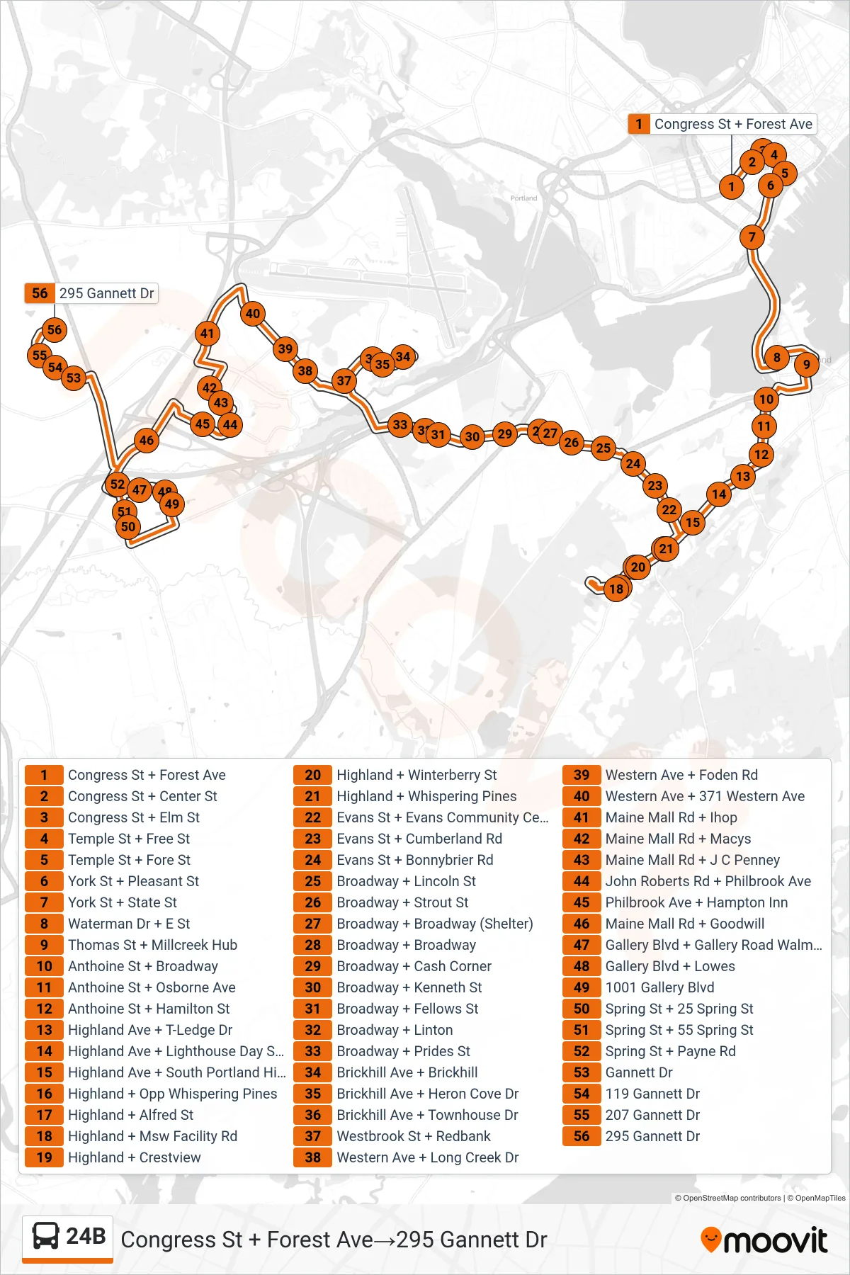 24B bus Line (Congress St + Forest Ave‎→295 Gannett Dr) route and stops on a map