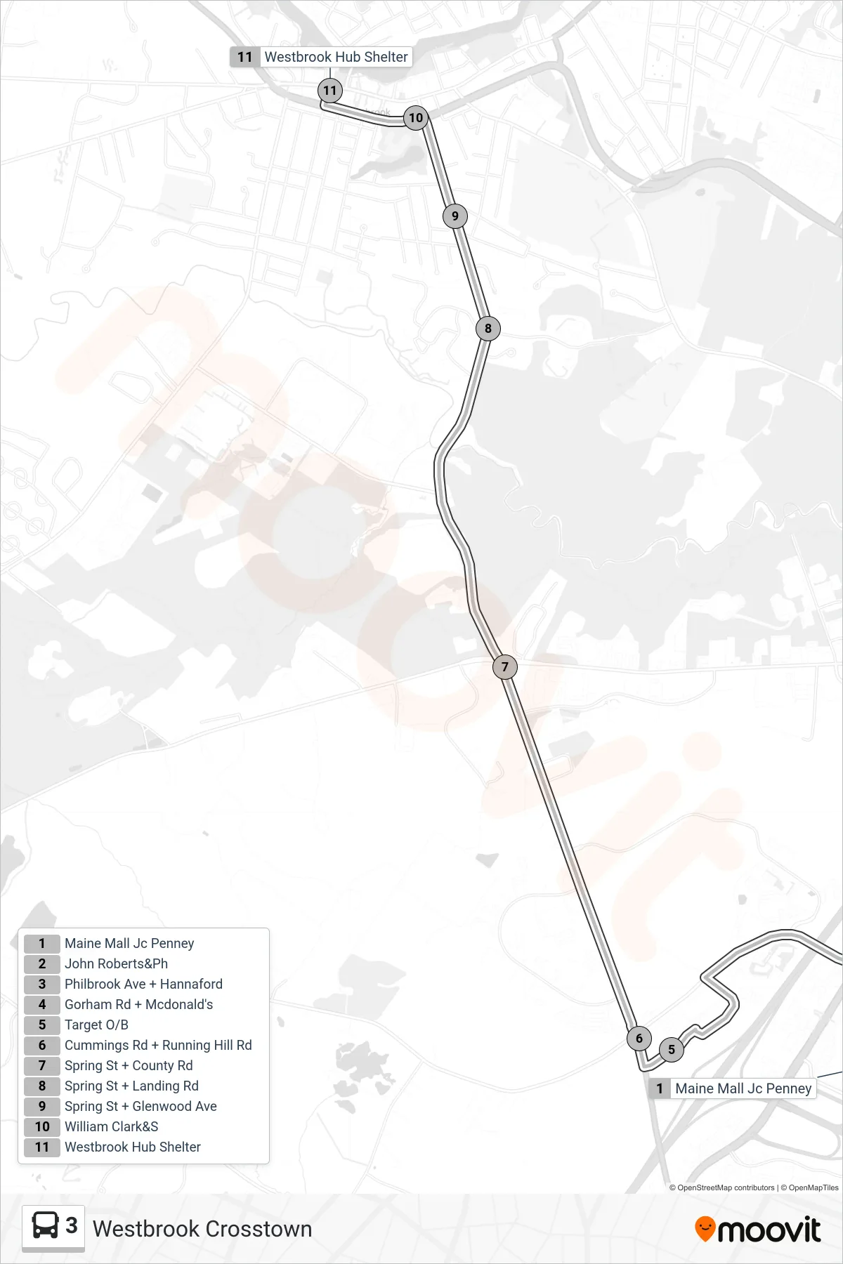 3 bus Line (Maine Mall Jc Penney→Westbrook Hub Shelter) route and stops on a map
