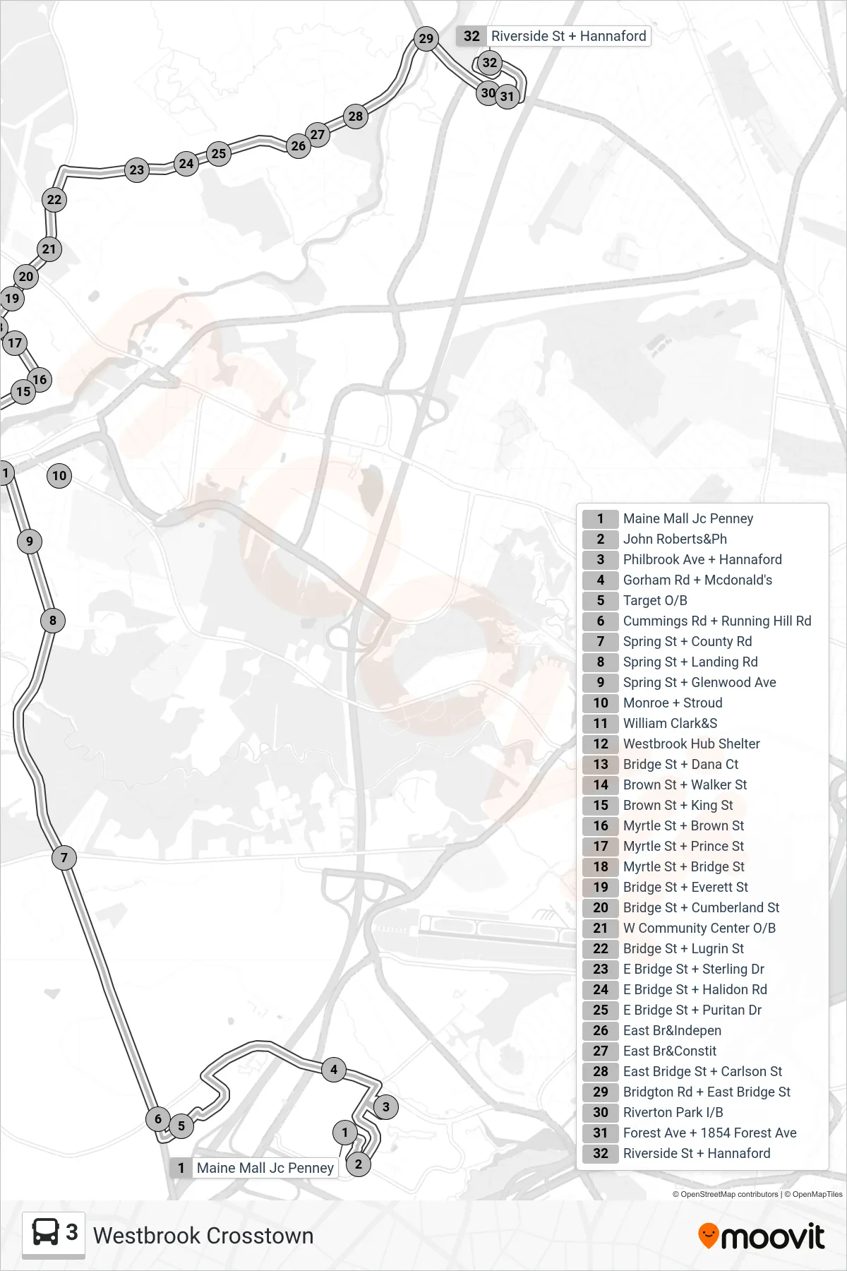 3 bus Line (Maine Mall Jc Penney→Riverside St + Hannaford) route and stops on a map
