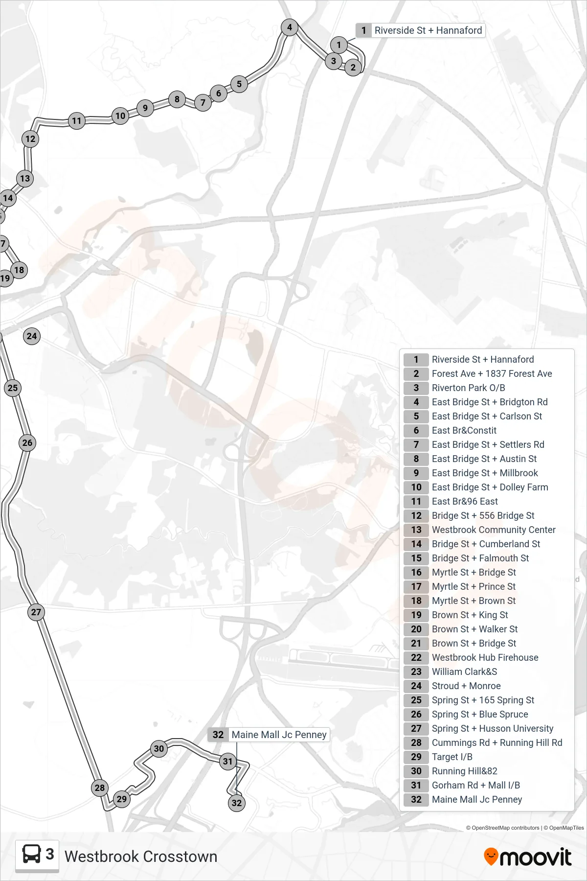 3 bus Line (Riverside St + Hannaford→Maine Mall Jc Penney) route and stops on a map