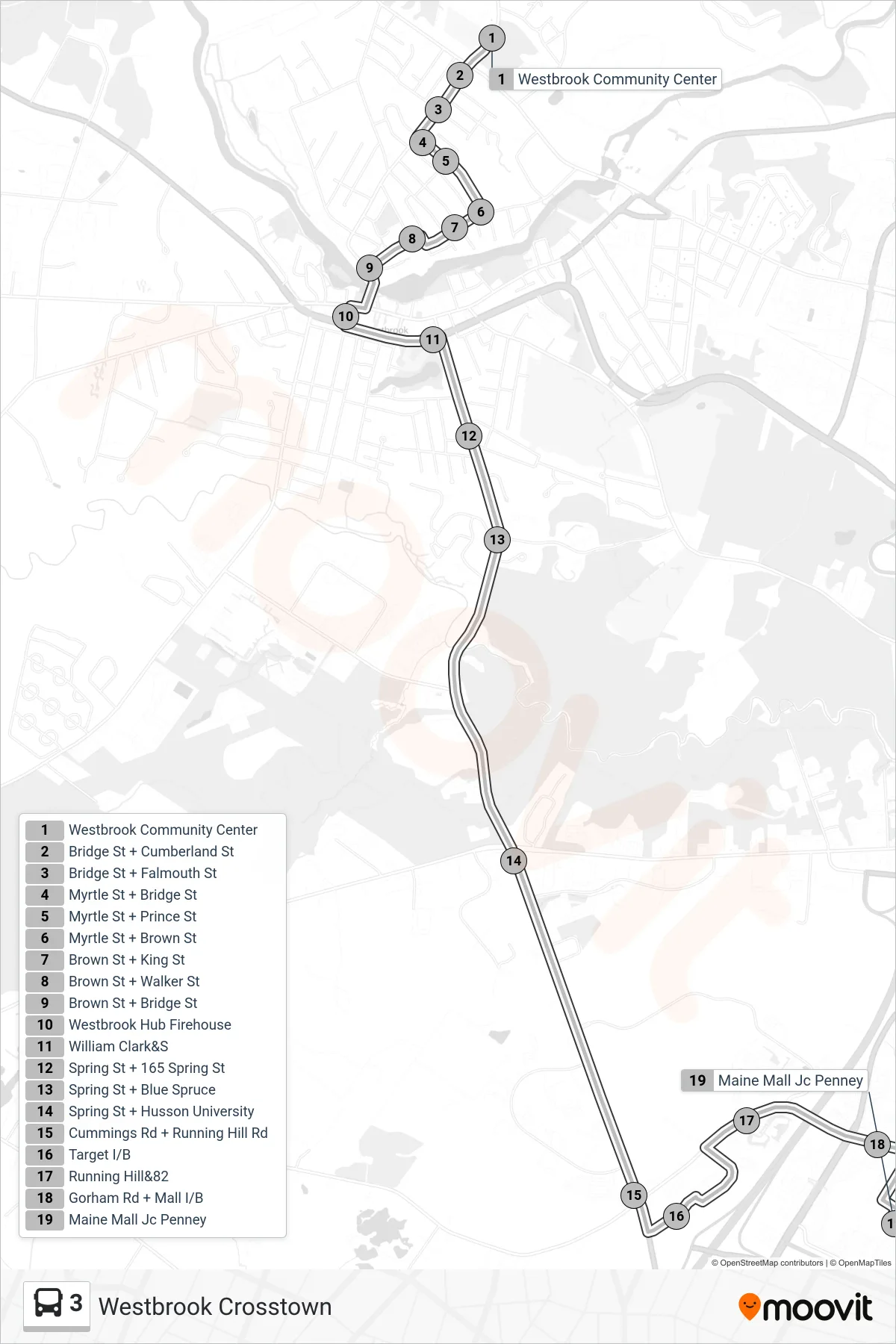 3 bus Line (Westbrook Community Center→Maine Mall Jc Penney) route and stops on a map