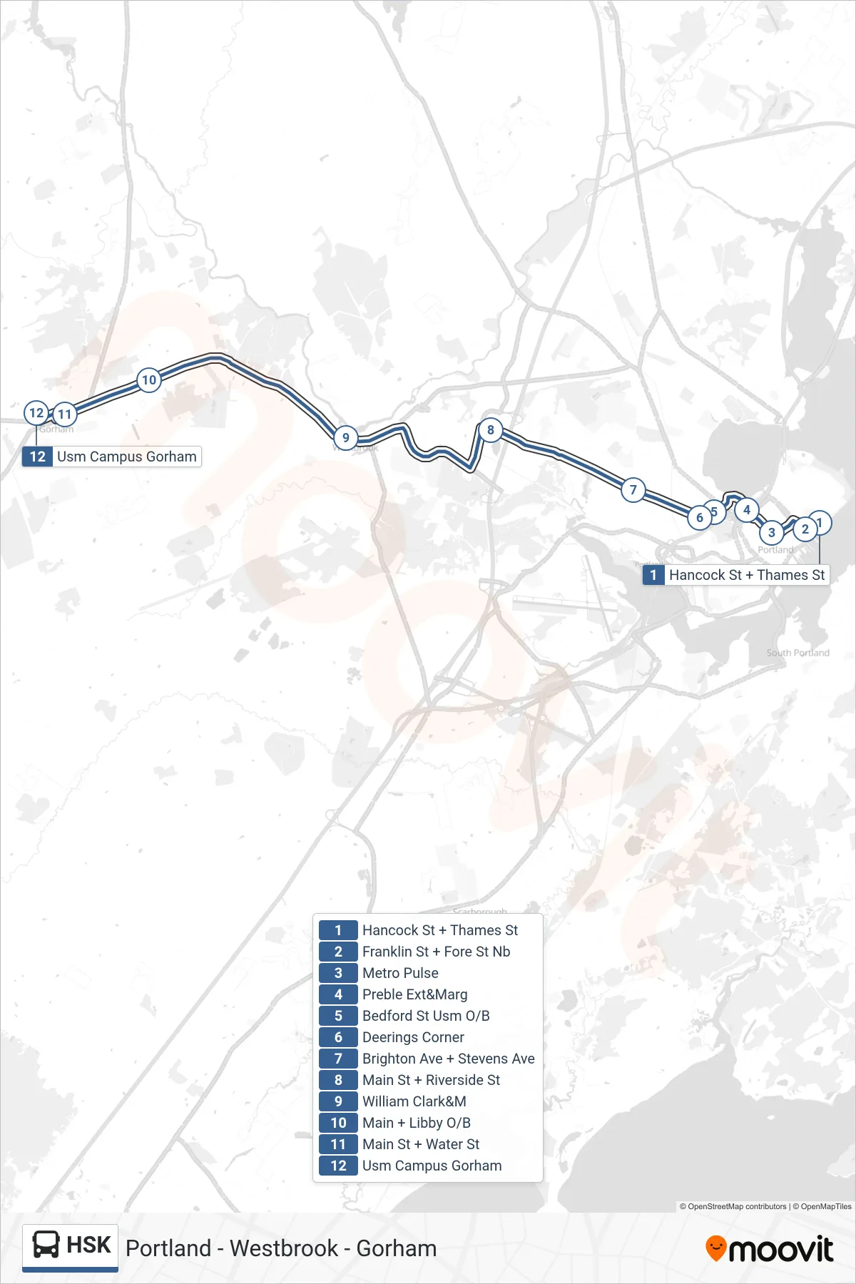 HSK bus Line (Hancock St + Thames St→Usm Campus Gorham) route and stops on a map