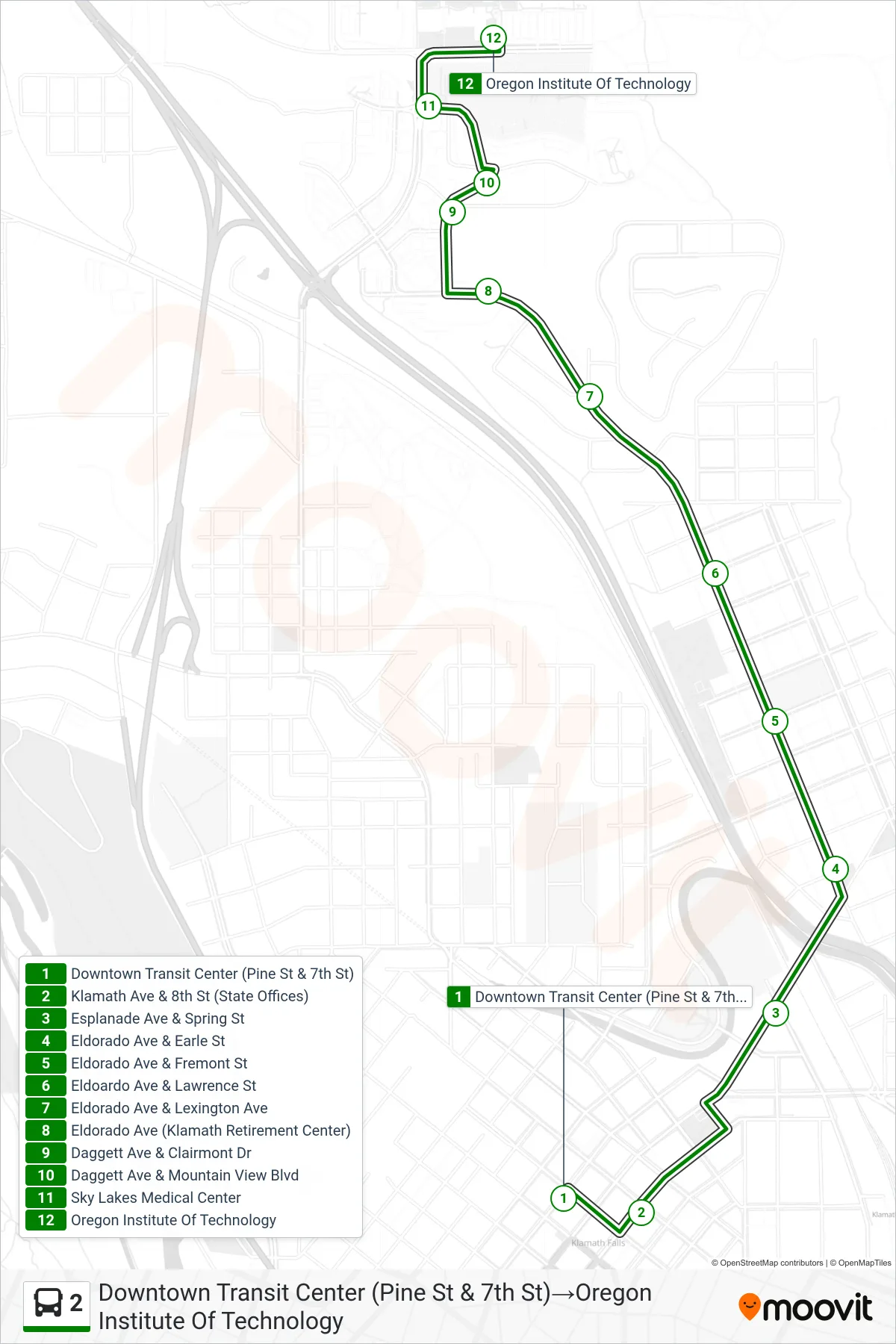 2 bus Line (Downtown Transit Center (Pine St & 7th St)→Oregon Institute Of Technology) route and stops on a map