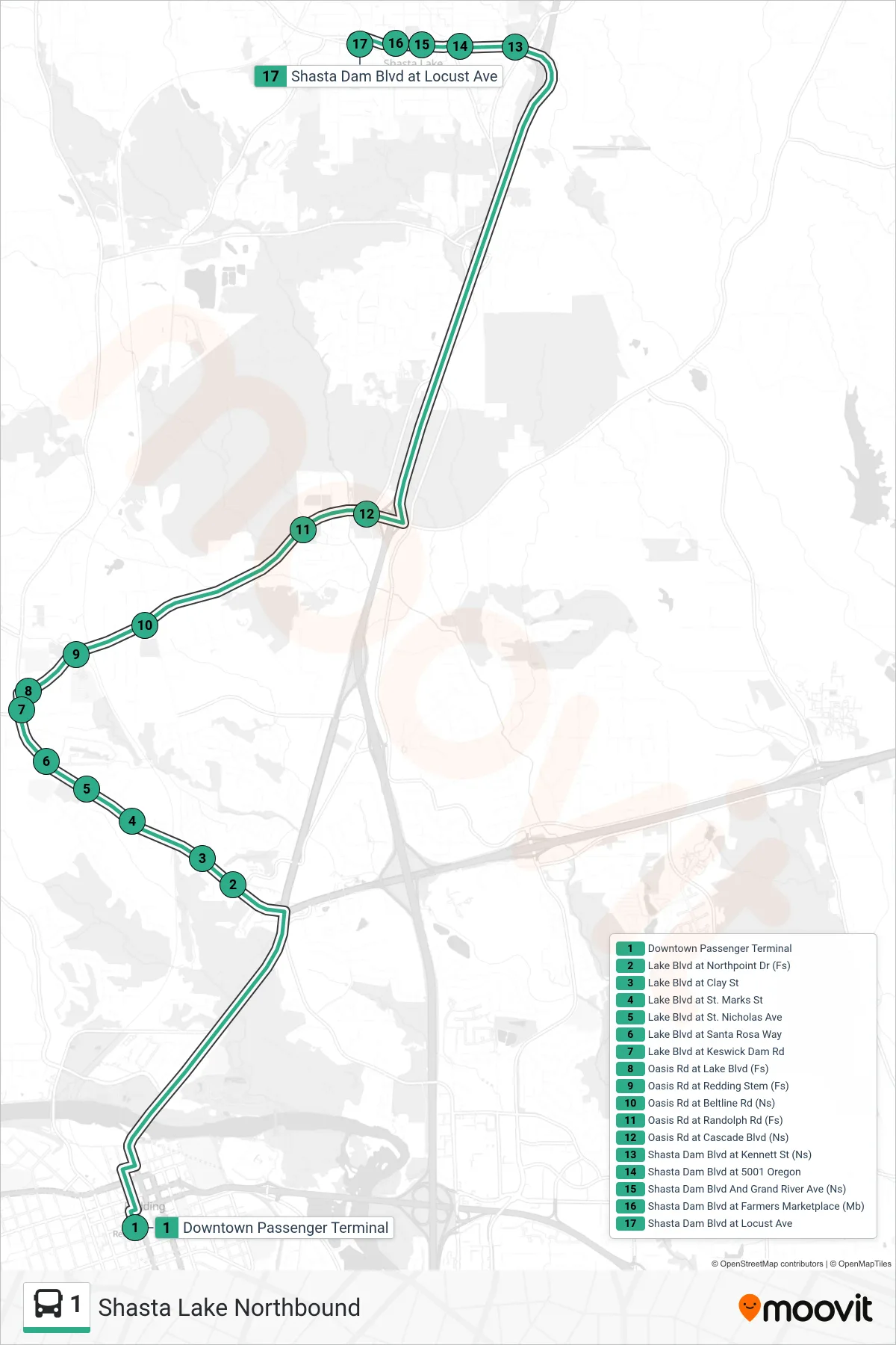 1 bus Line (Shasta Lake Northbound) route and stops on a map