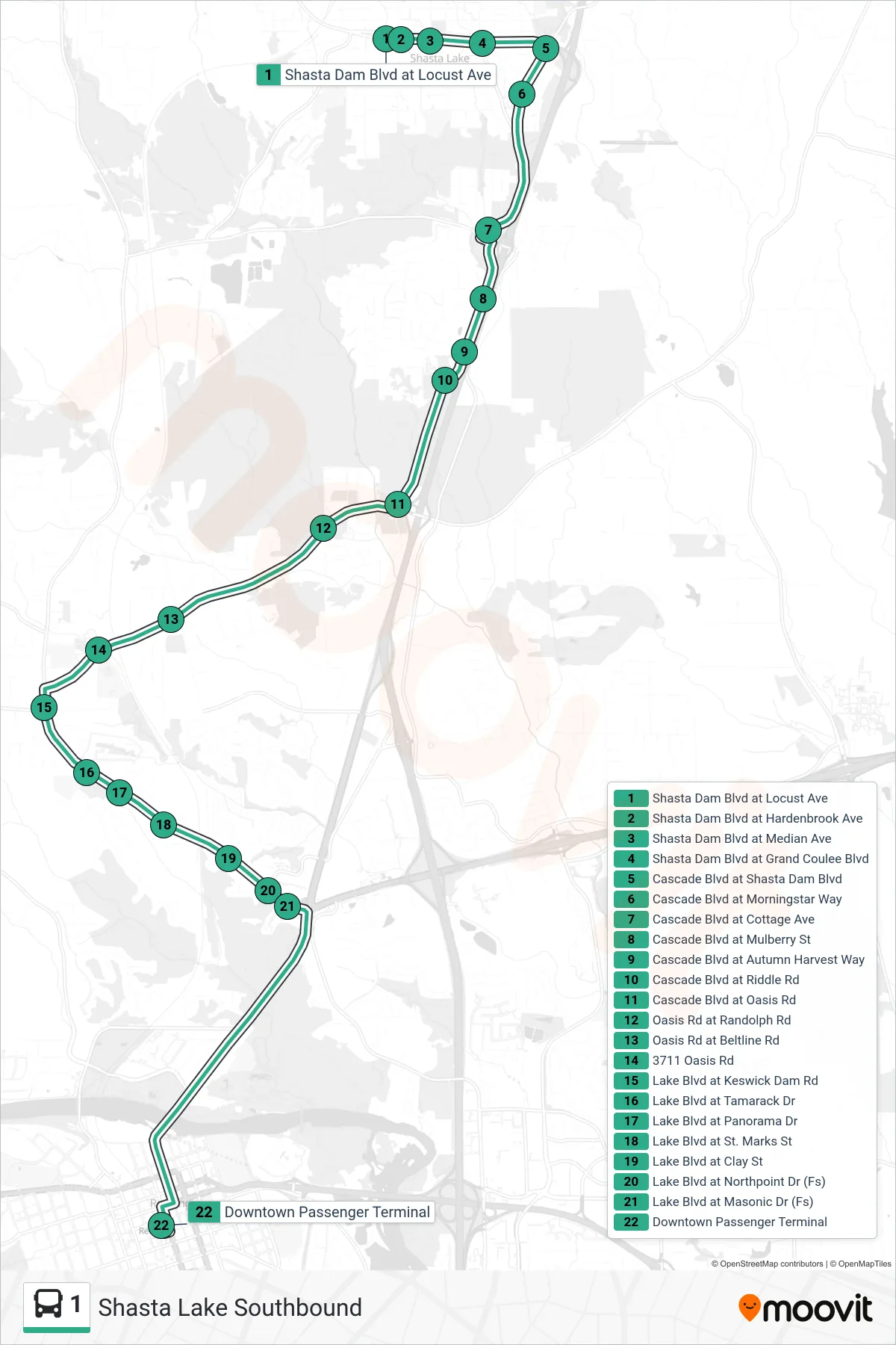 1 bus Line (Shasta Lake Southbound) route and stops on a map