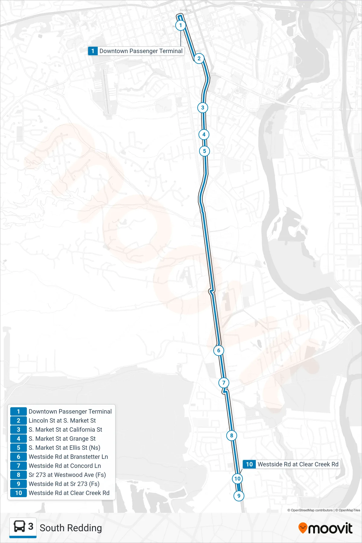 3 bus Line (South Redding Southbound) route and stops on a map