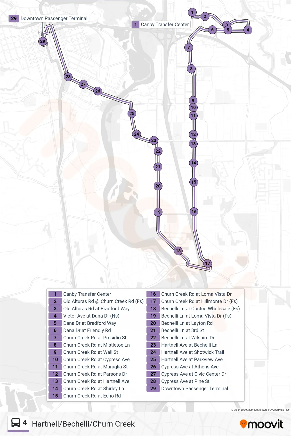 4 bus Line (Hartnell/Bechelli/Churn Creek) route and stops on a map