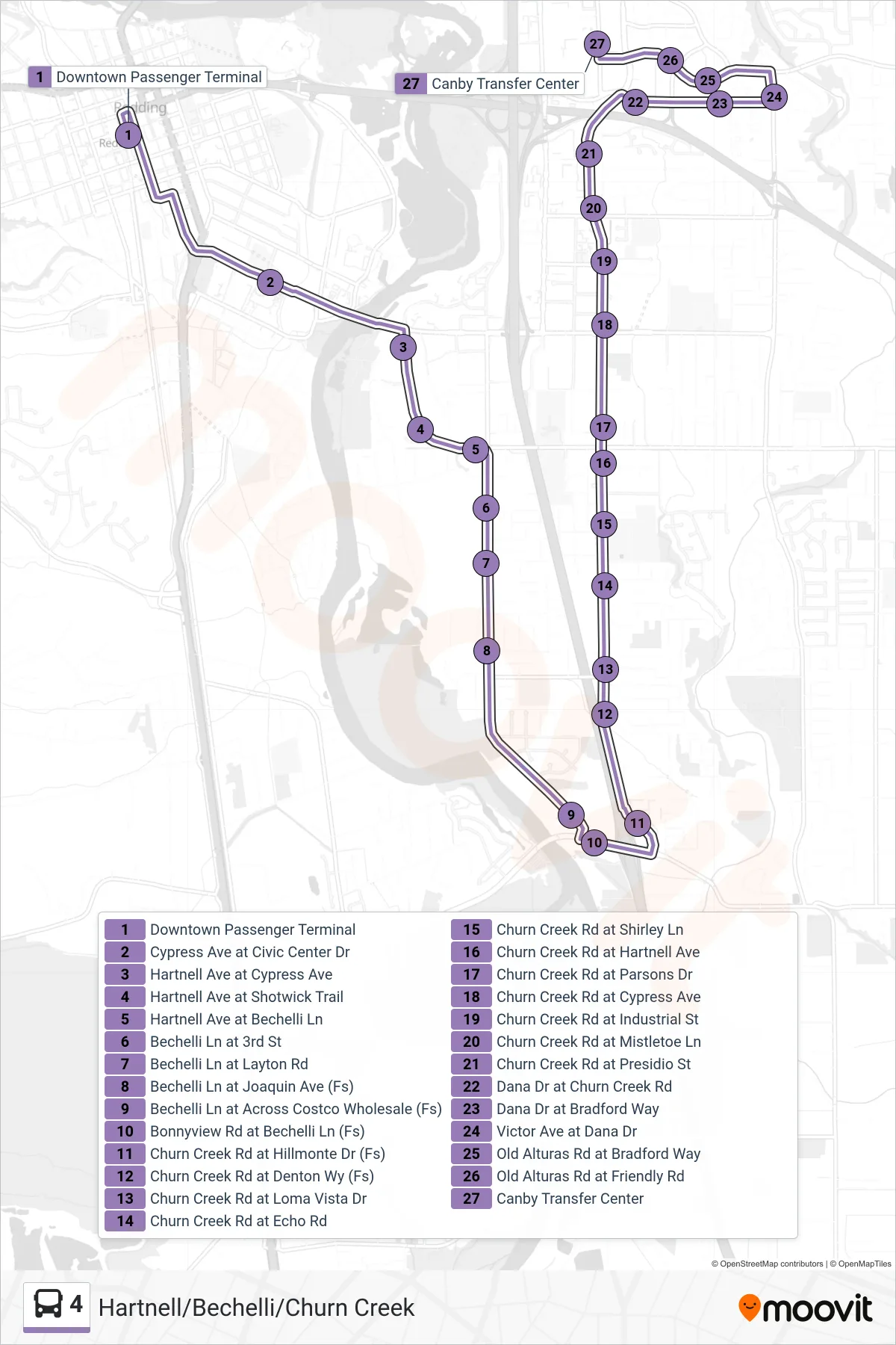 4 bus Line (Hartnell/Bechelli/Churn Creek) route and stops on a map