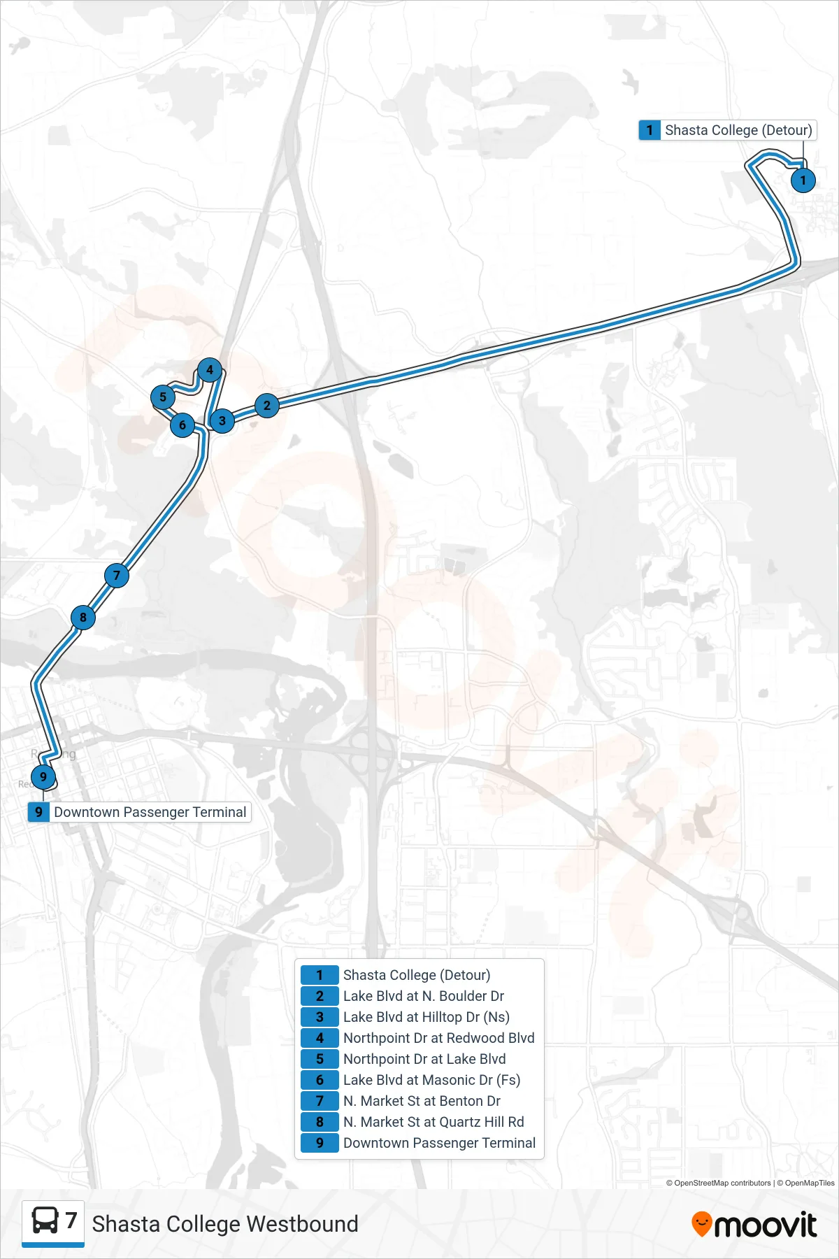 7 bus Line (Shasta College Westbound) route and stops on a map
