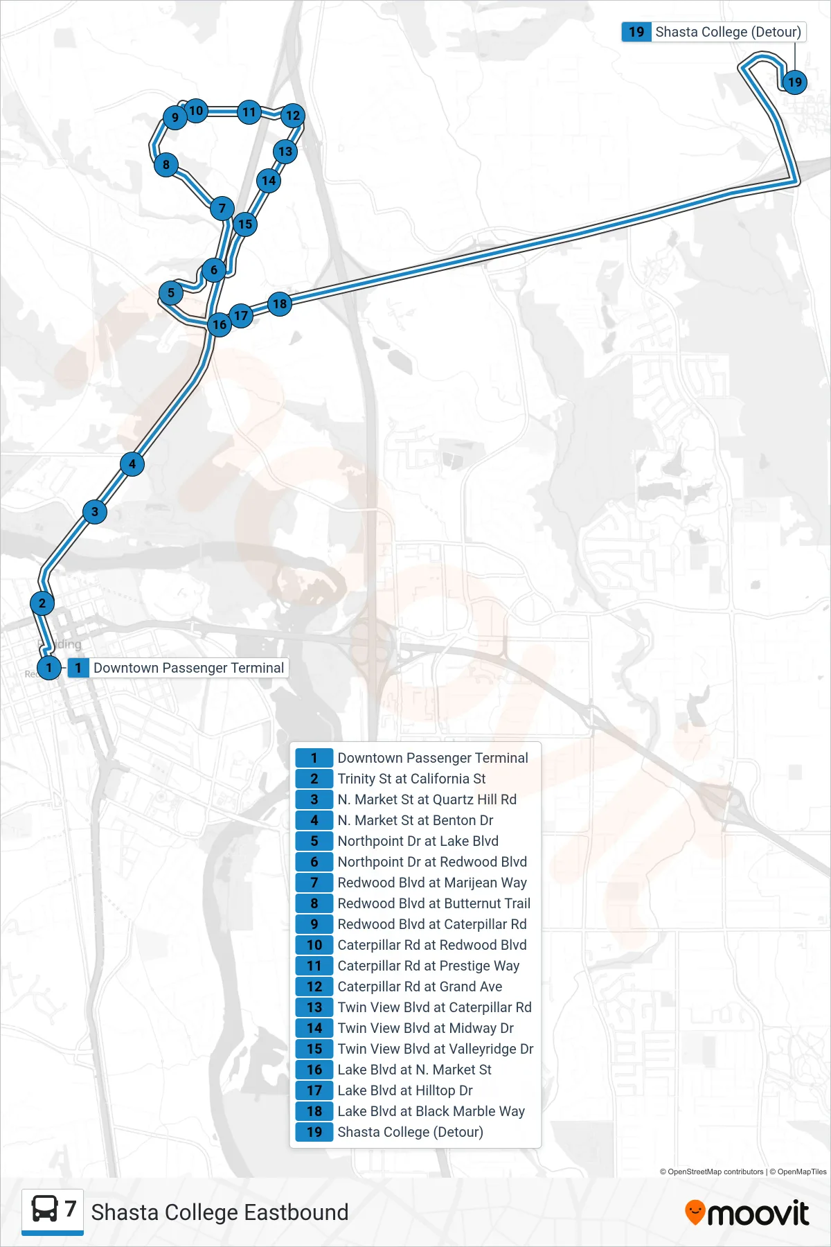 7 bus Line (Shasta College Eastbound) route and stops on a map