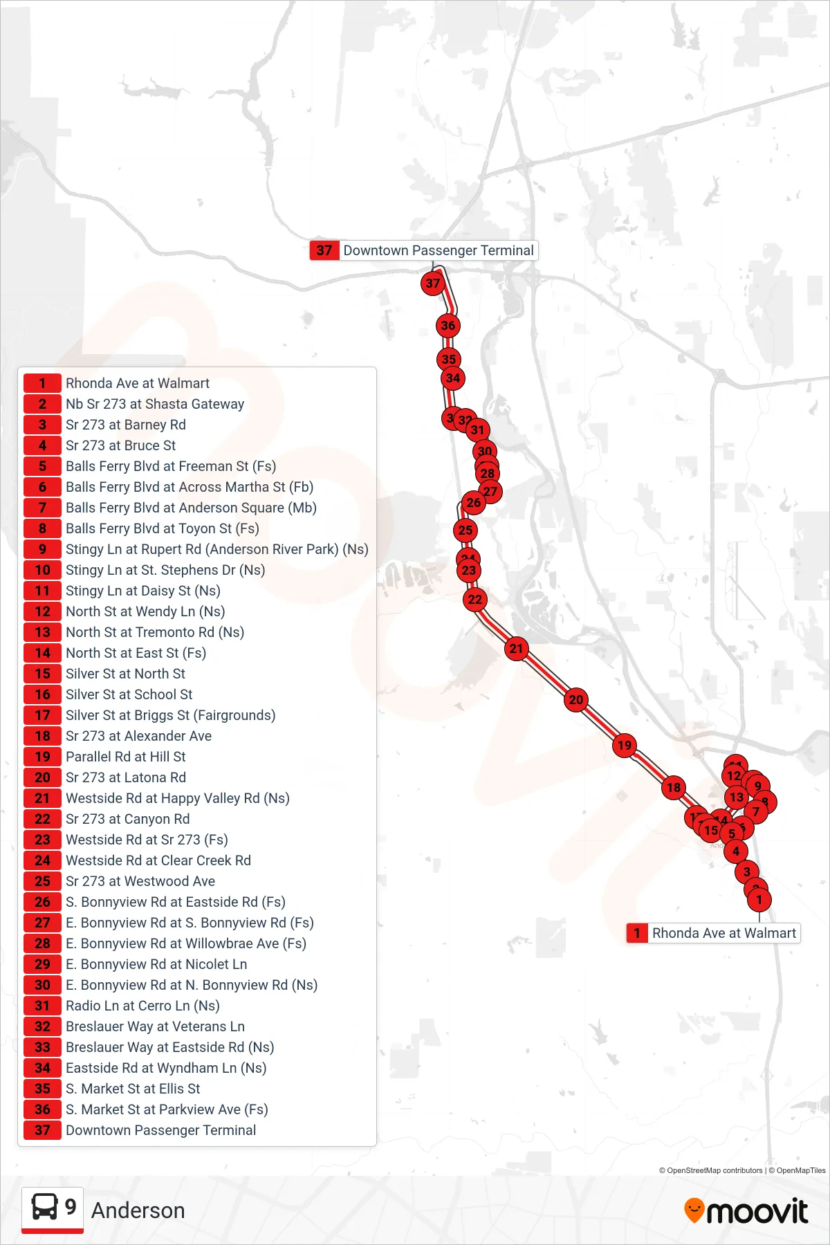 9 bus Line (Anderson Northbound) route and stops on a map