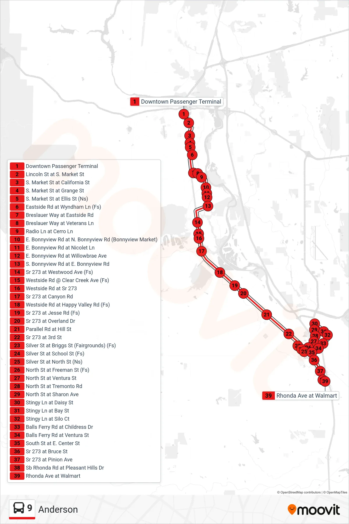 9 bus Line (Anderson Southbound) route and stops on a map