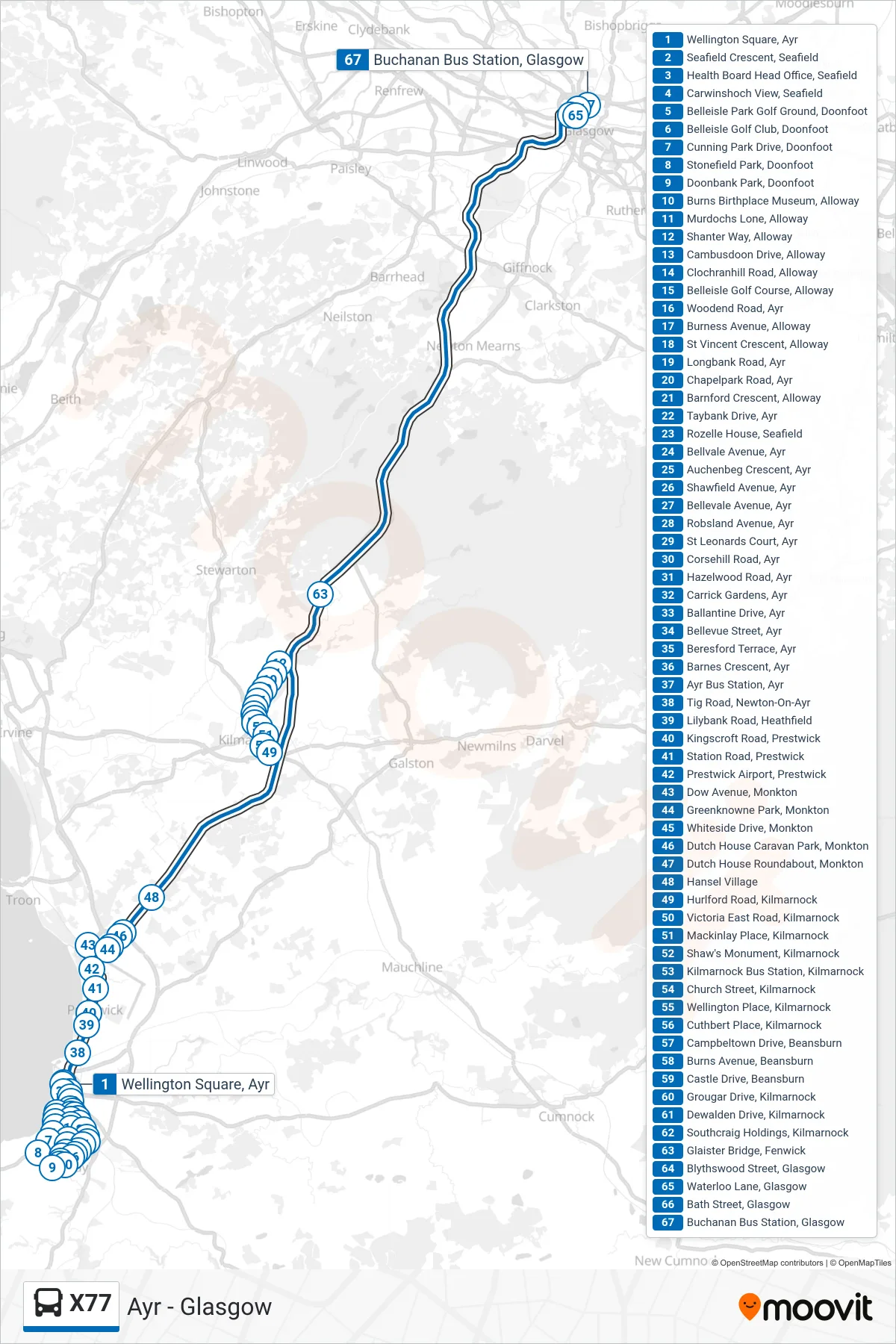X77 bus Line (Glasgow) route and stops on a map
