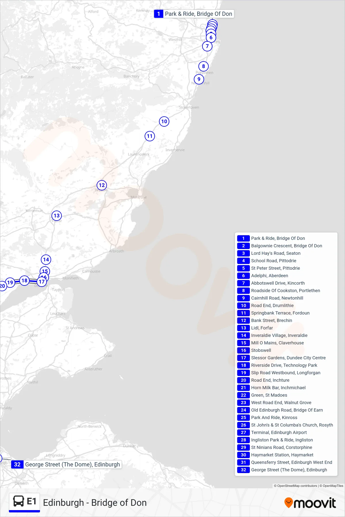 E1 bus Line (Edinburgh) route and stops on a map