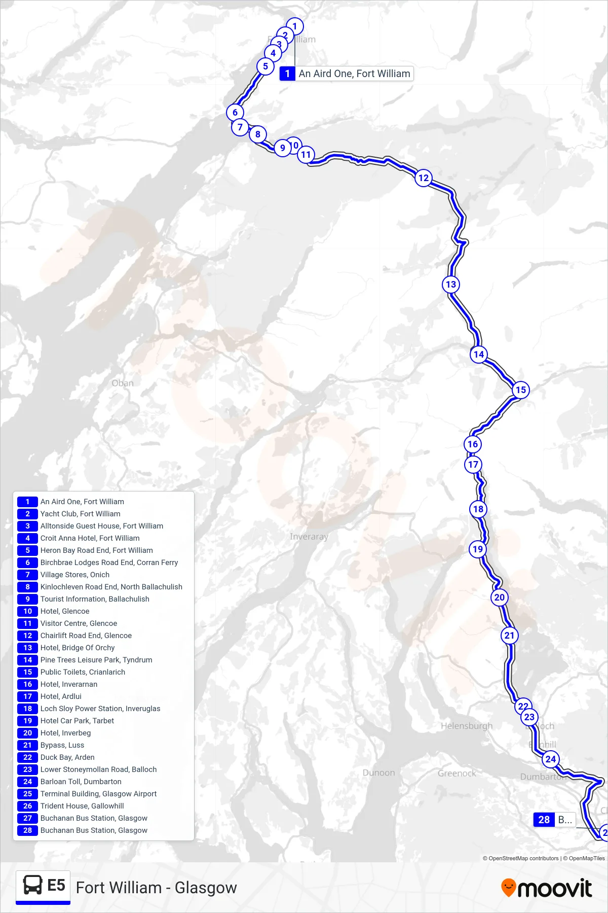 E5 bus Line (Glasgow) route and stops on a map