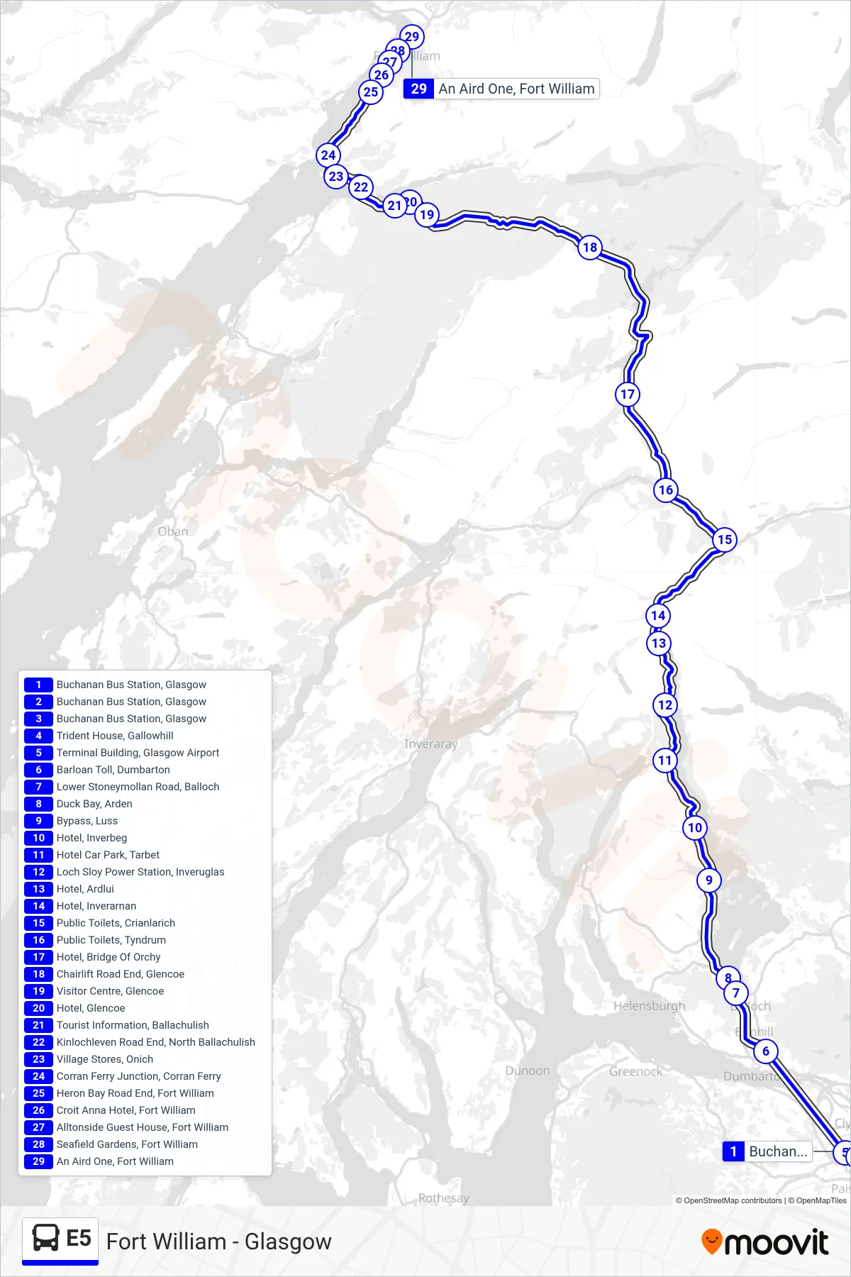 E5 bus Line (Fort William) route and stops on a map