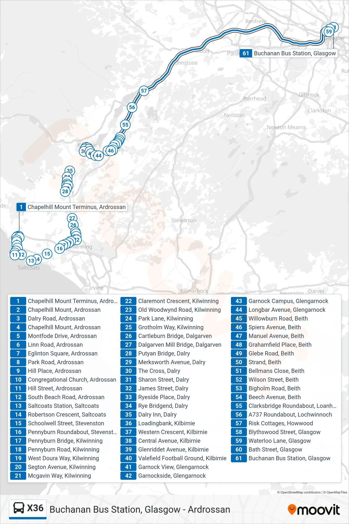 X36 bus Line (Glasgow) route and stops on a map