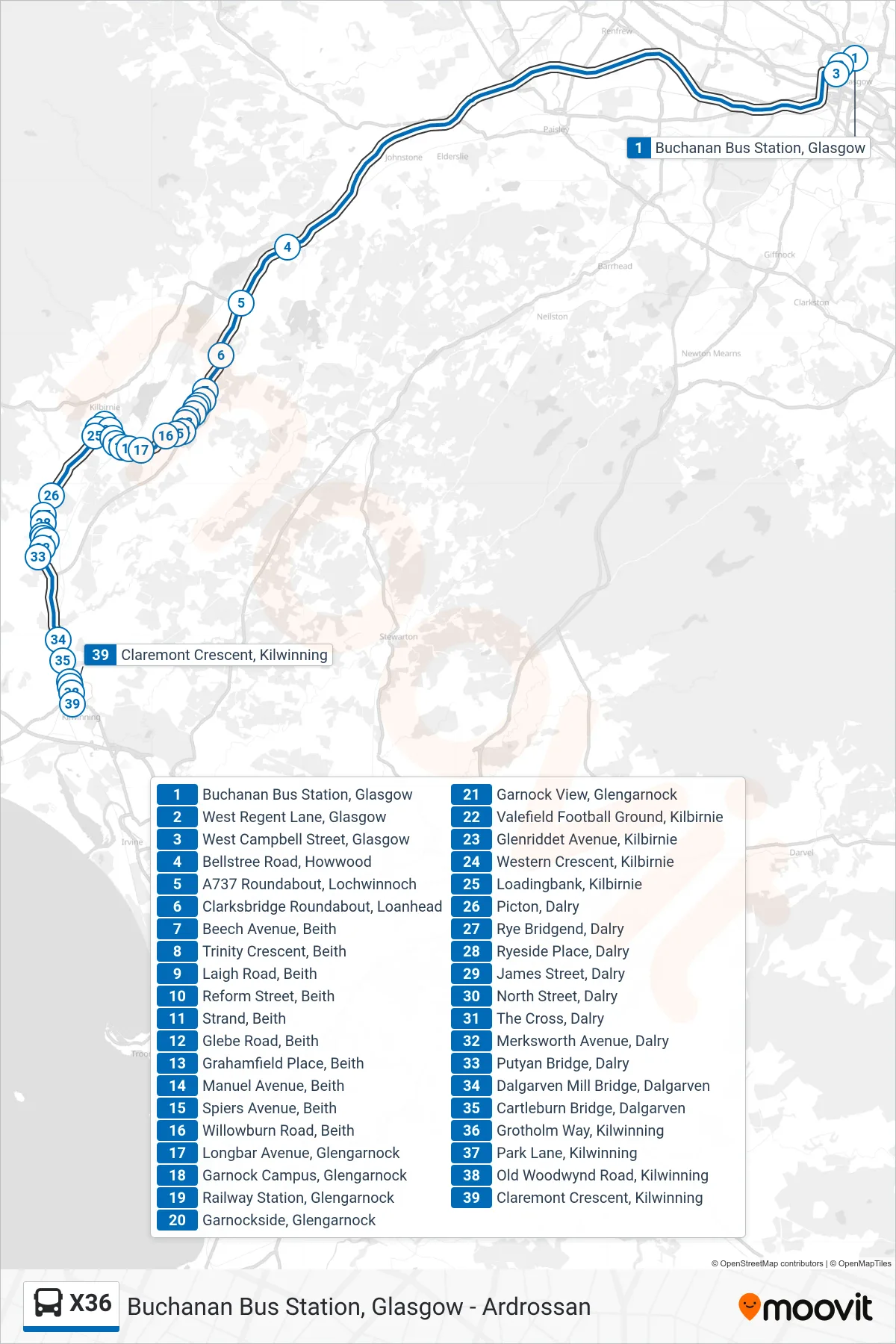 X36 bus Line (Kilwinning) route and stops on a map
