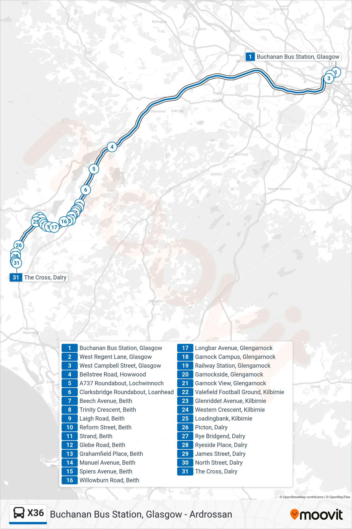 X36 bus Line (Dalry) route and stops on a map