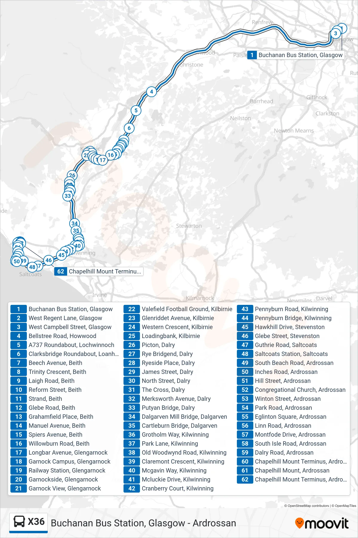 X36 bus Line (Ardrossan) route and stops on a map