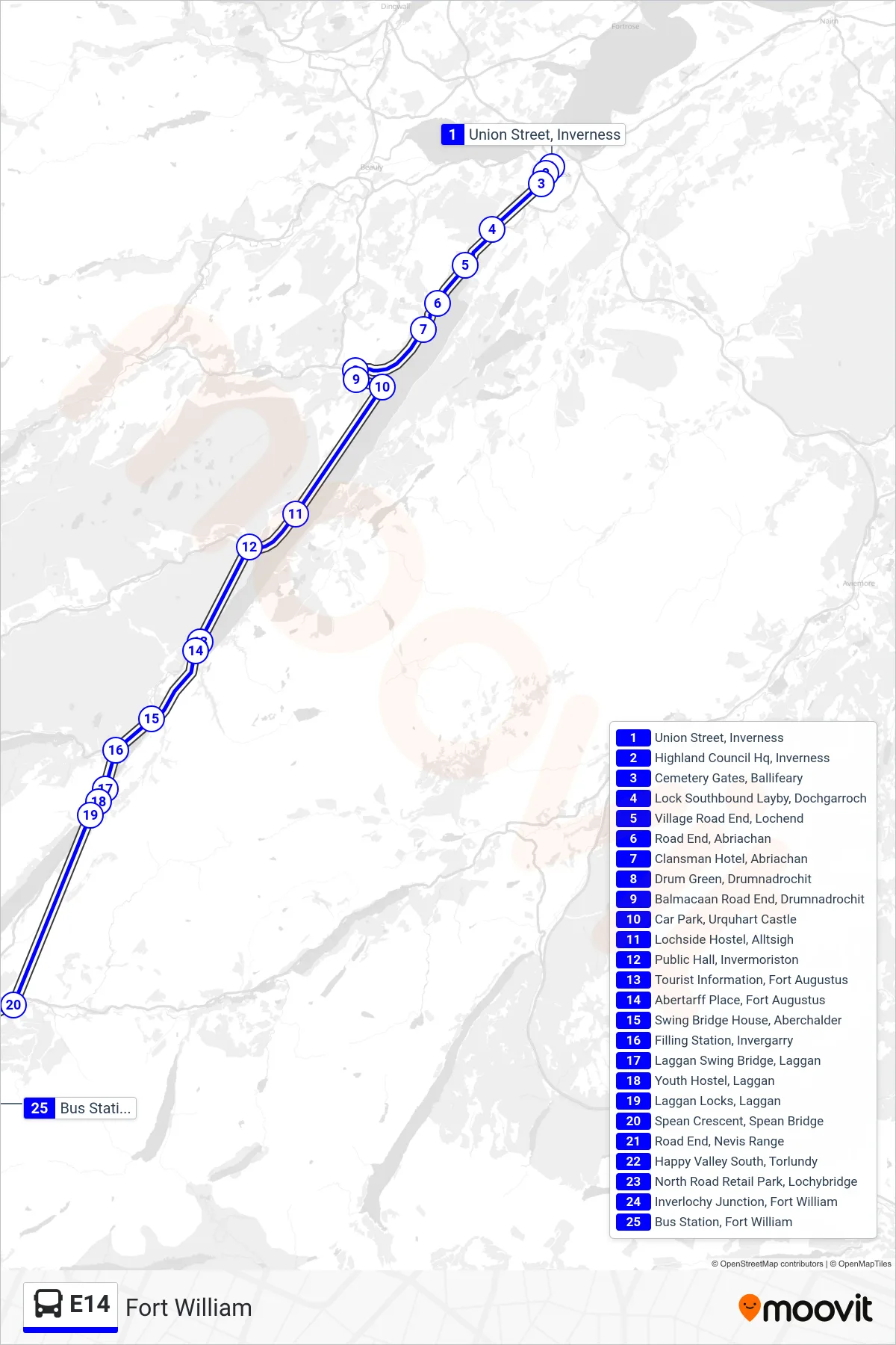 E14 bus Line (Fort William) route and stops on a map