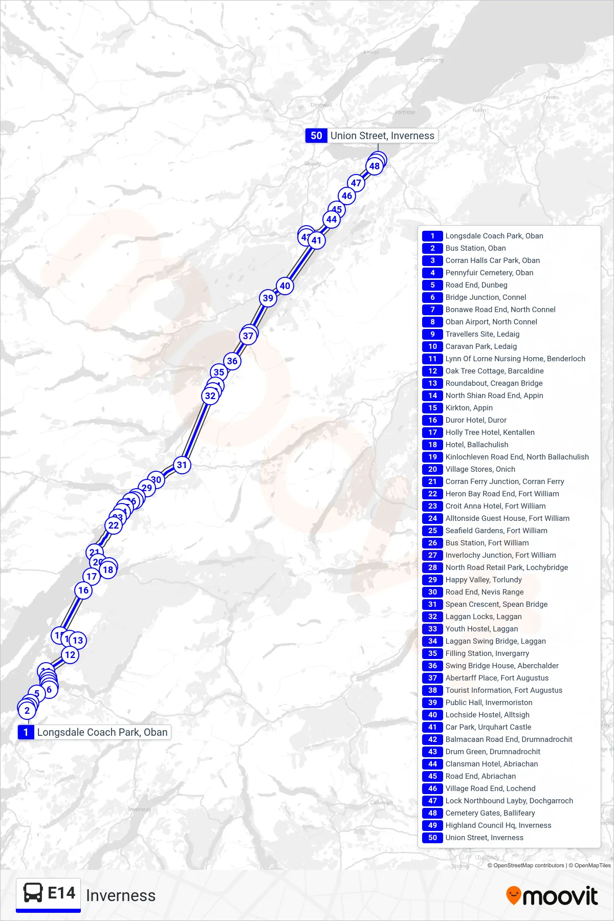 E14 bus Line (Inverness) route and stops on a map