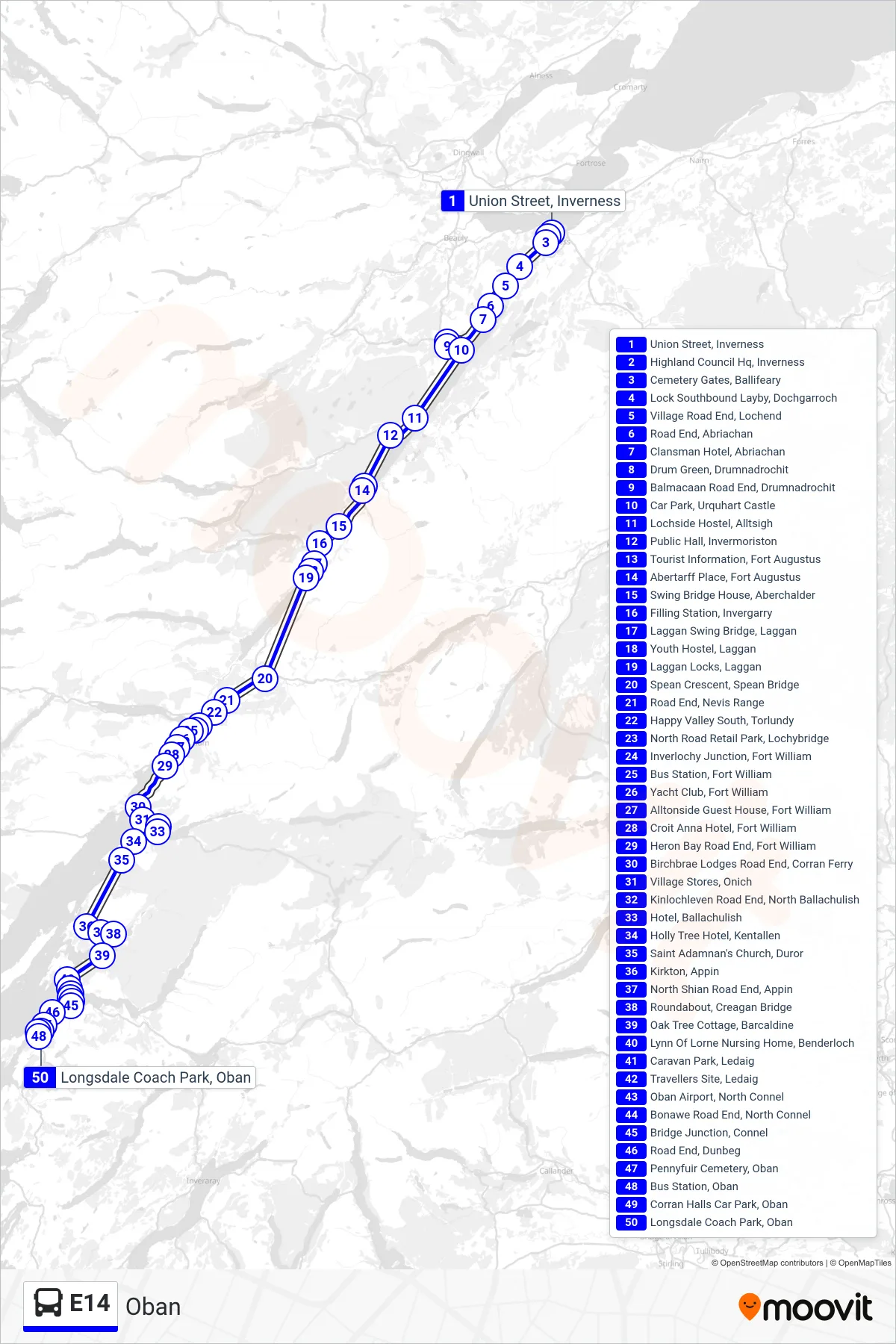 E14 bus Line (Oban) route and stops on a map