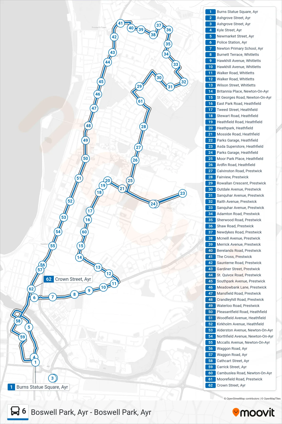 6 bus Line (Ayr) route and stops on a map