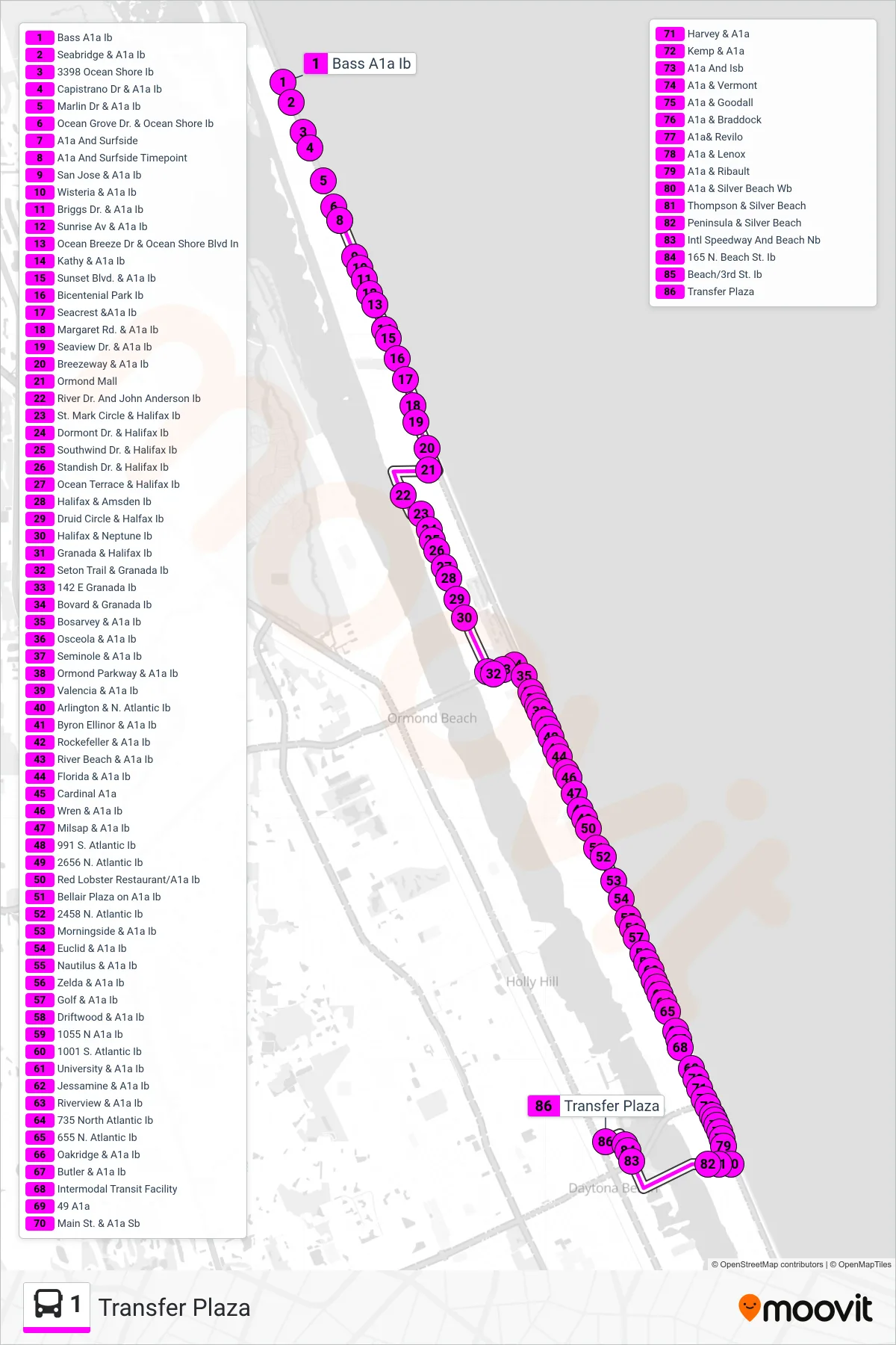 1 bus Line (Transfer Plaza) route and stops on a map