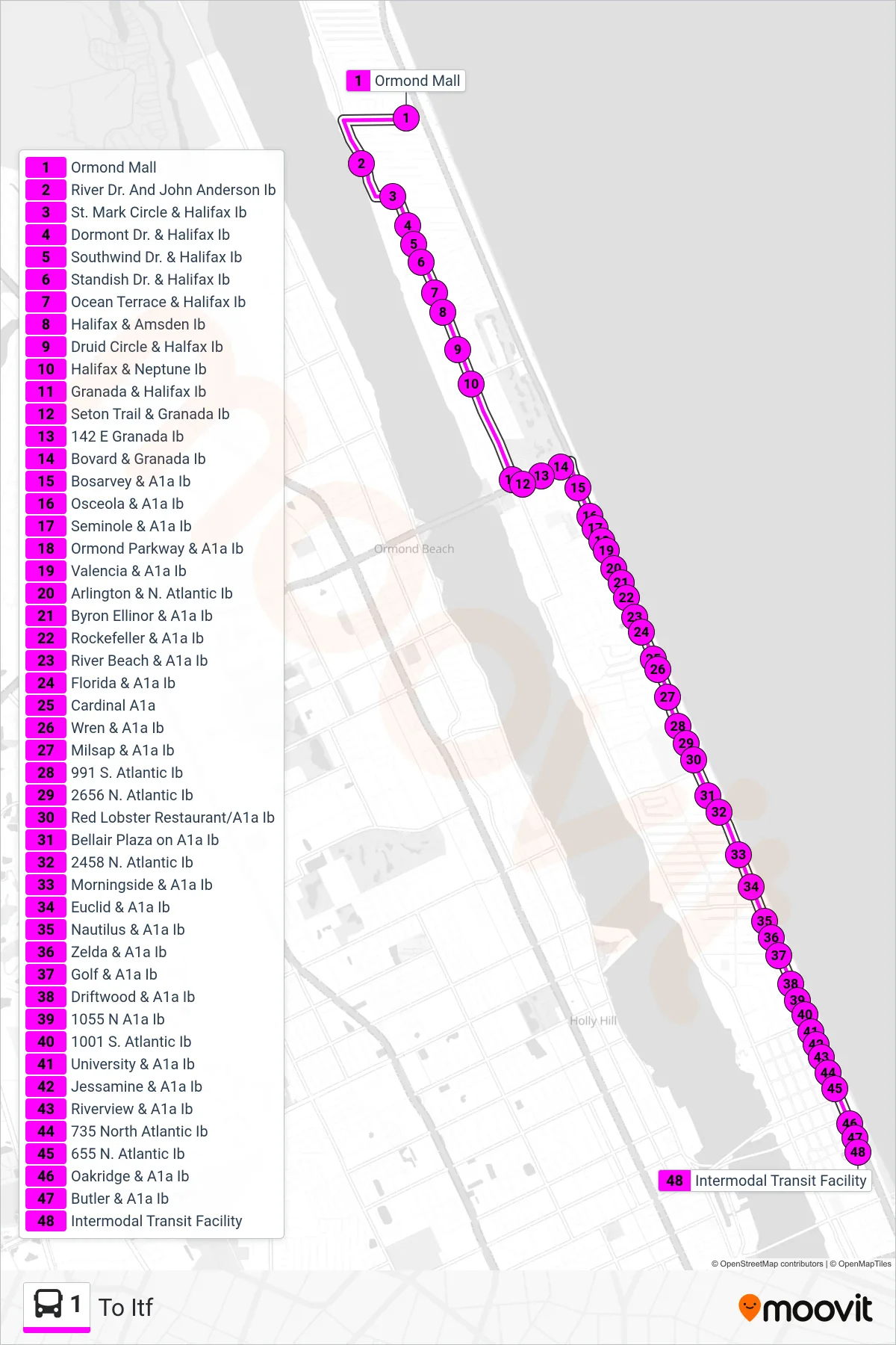1 bus Line (To Itf) route and stops on a map